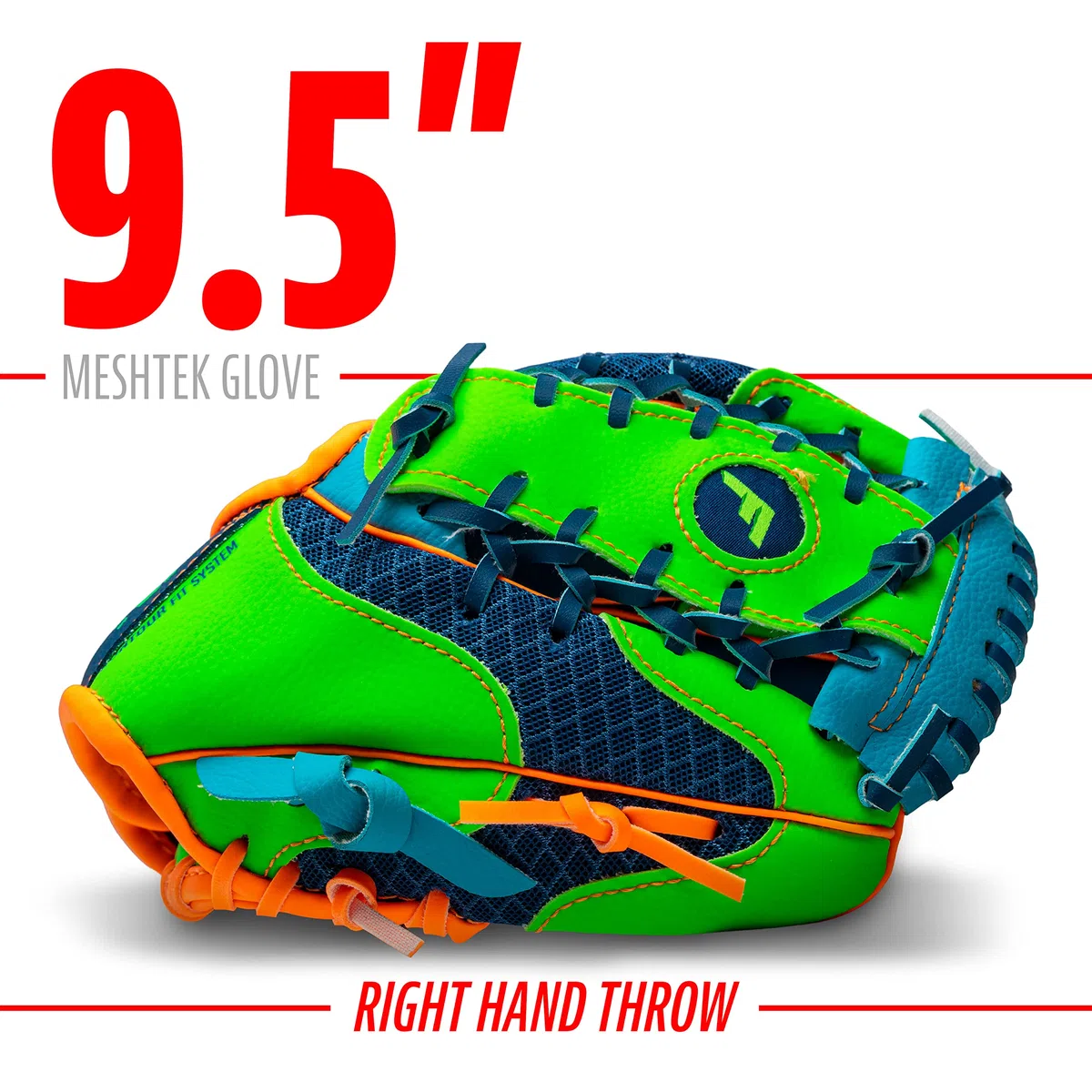 Franklin Sports Teeball Recreational Guante de béisbol y Pelota, 24 cm - 22812, Lanzamiento Mano Derecha, 9.5 Inches, Azul Rey/Verde Lima/Naranja