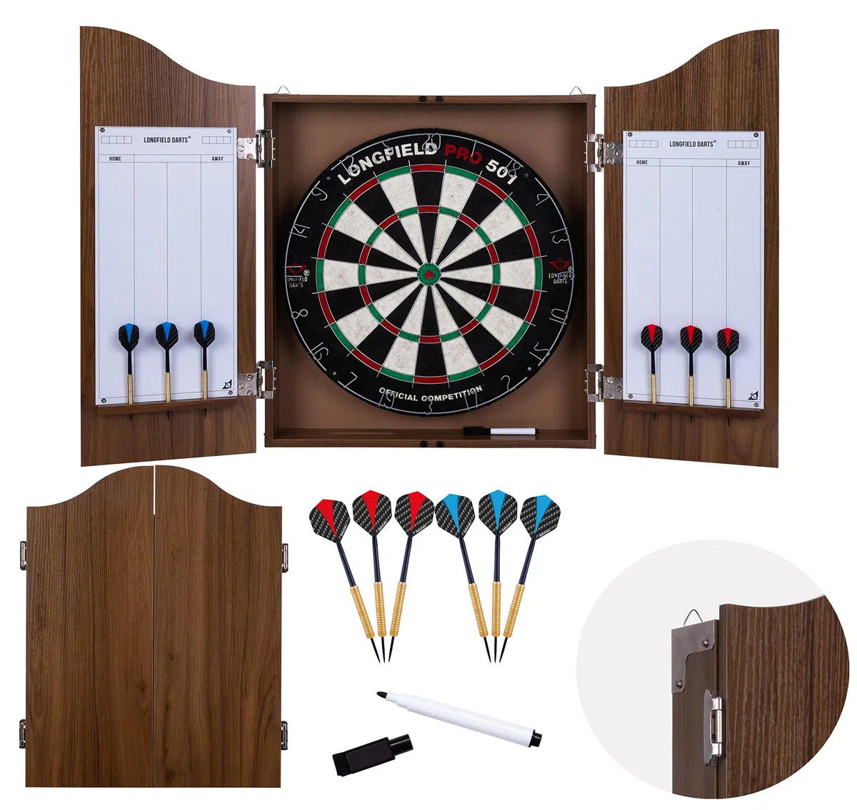 Engelhart - Armario de Dardos de Madera con Diana Oficial competición en sisal + 2 Juegos de Dardos de 18 g, tizas y Esponja (Brown)