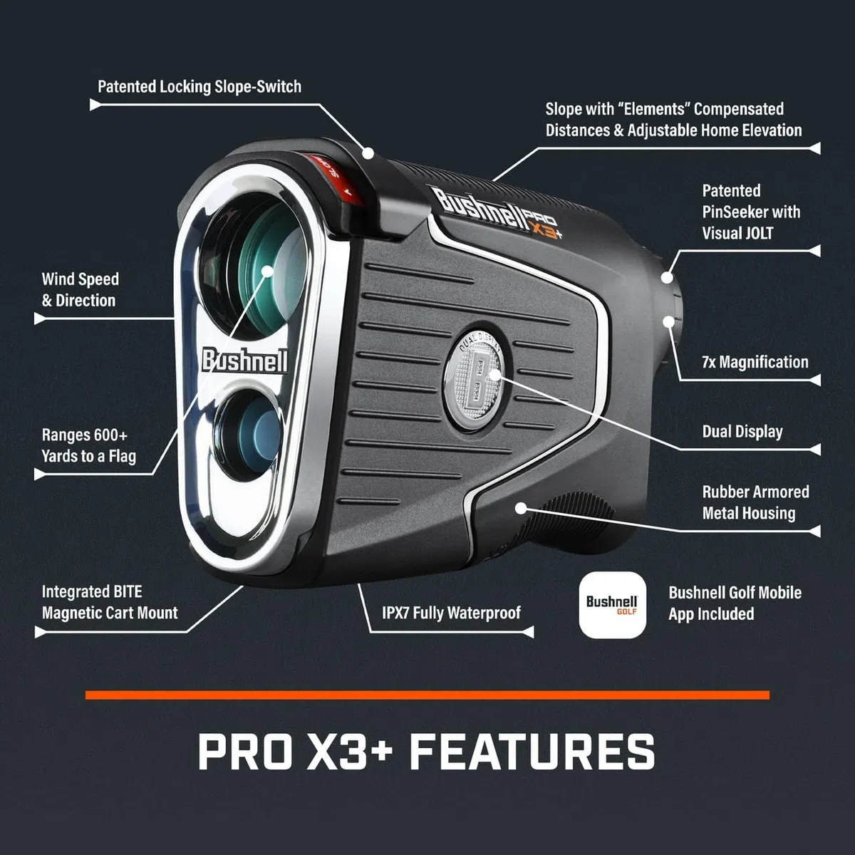 Bushnell Golf Pro X3+ - Telémetro láser con Velocidad del Viento, Pendiente y compensación de Elementos | Rango de 1300 Yardas, Aumento 7X, Pantalla Dual, JOLT Visual y Soporte magnético para Carrito