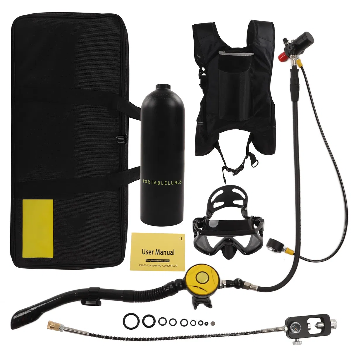 Kit de Tanque de Buceo 2L X5000Plus, Dispositivo de Respiración Subacuática, Juego de Correa de Hombro Doble para Buceo, Kit de Tanque de Buceo Portátil(Paquete D: Botella Negra Black Head 2L)