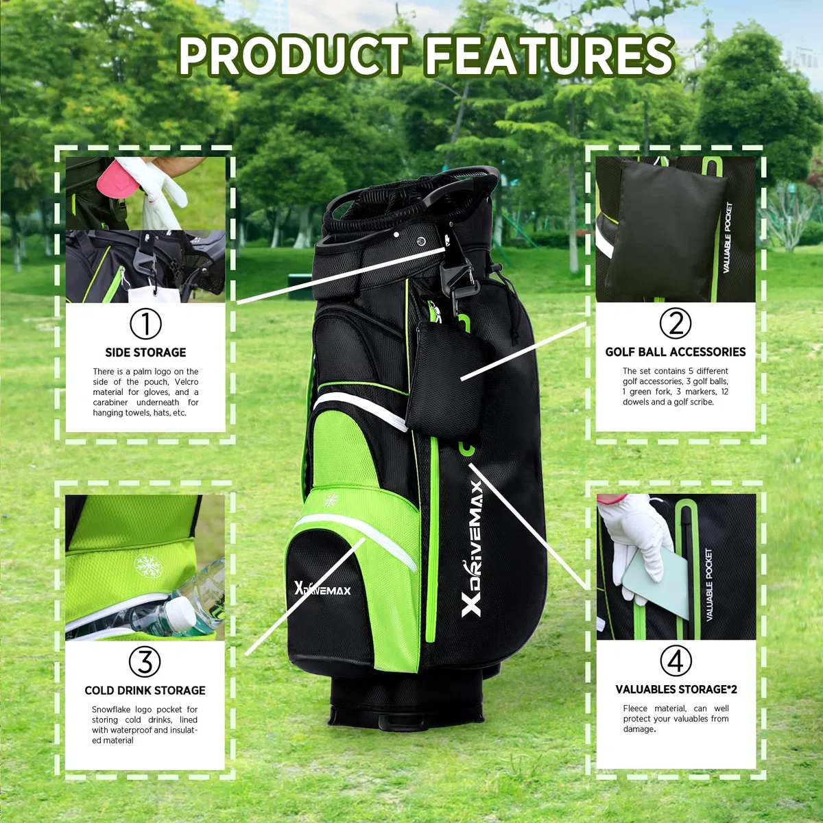 XDriveMax Bolsa de Carrito de Golf, 15 Divisiones para Hombres y Mujeres, Premium con Cubierta para Lluvia, Enfriador y Kit de Accesorios