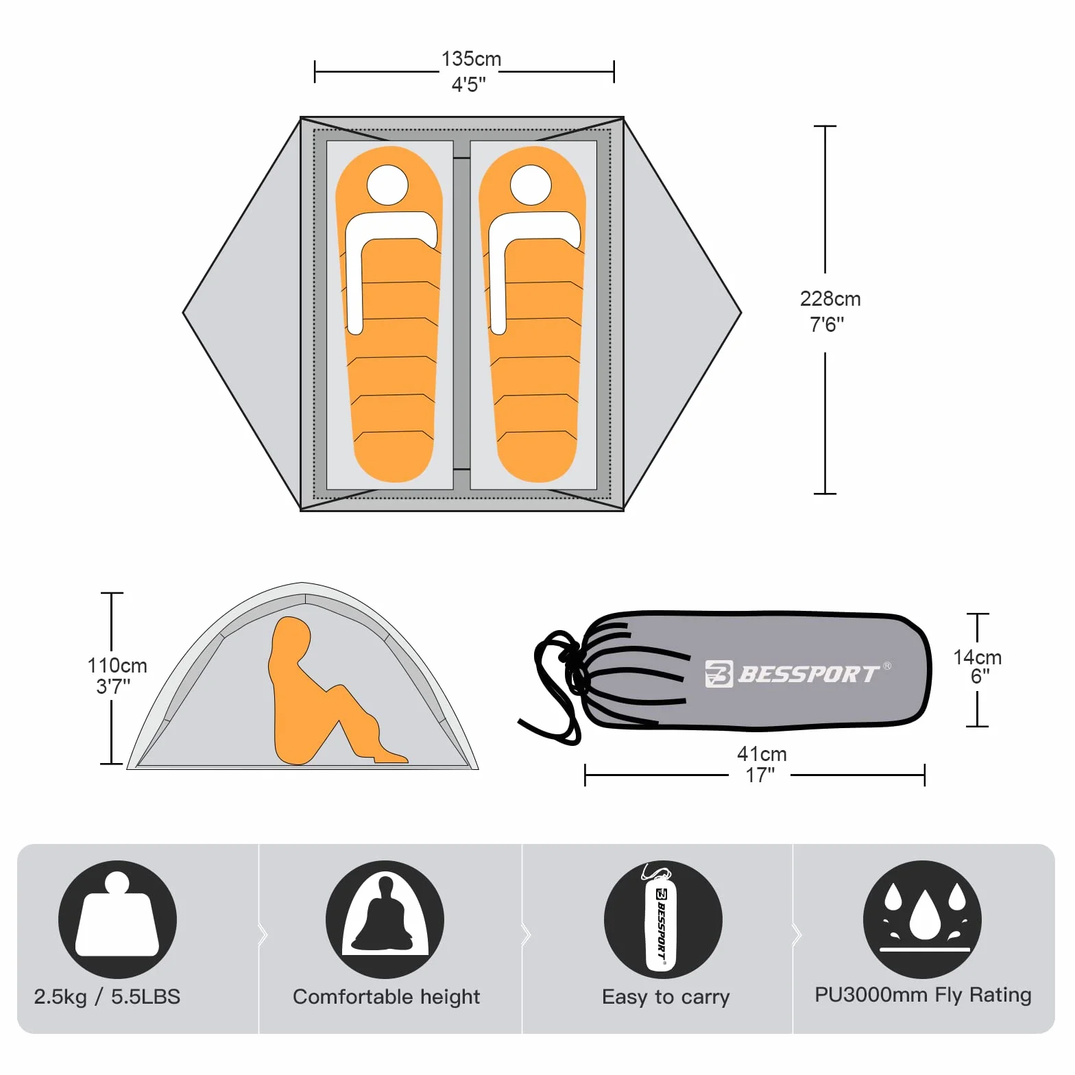 Bessport Tienda De Campaña 2-3 Personas Carpa Ultraligera 3-4 Temporadas Resistente al Agua y al Viento Fácil de Instalar, para el Senderismo y el Camping