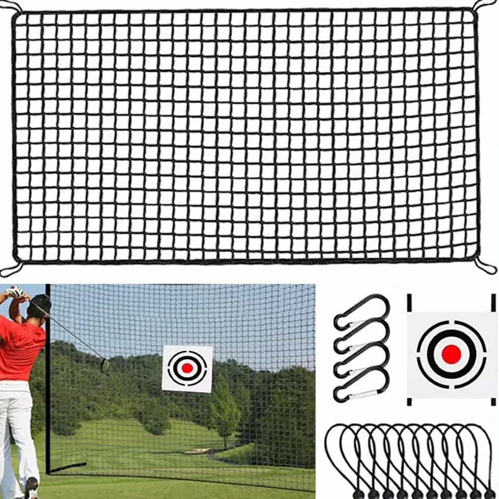 Red de Práctica Golf 3mx6m con Diana Integrada–Malla Poliéster Negro 2,54cm +10 Bolas Elásticas+4 Mosquetones–Bordes Reforzados, Instalación Rápida en Jardín|Red Entrenamiento Swing Exterior/Interior