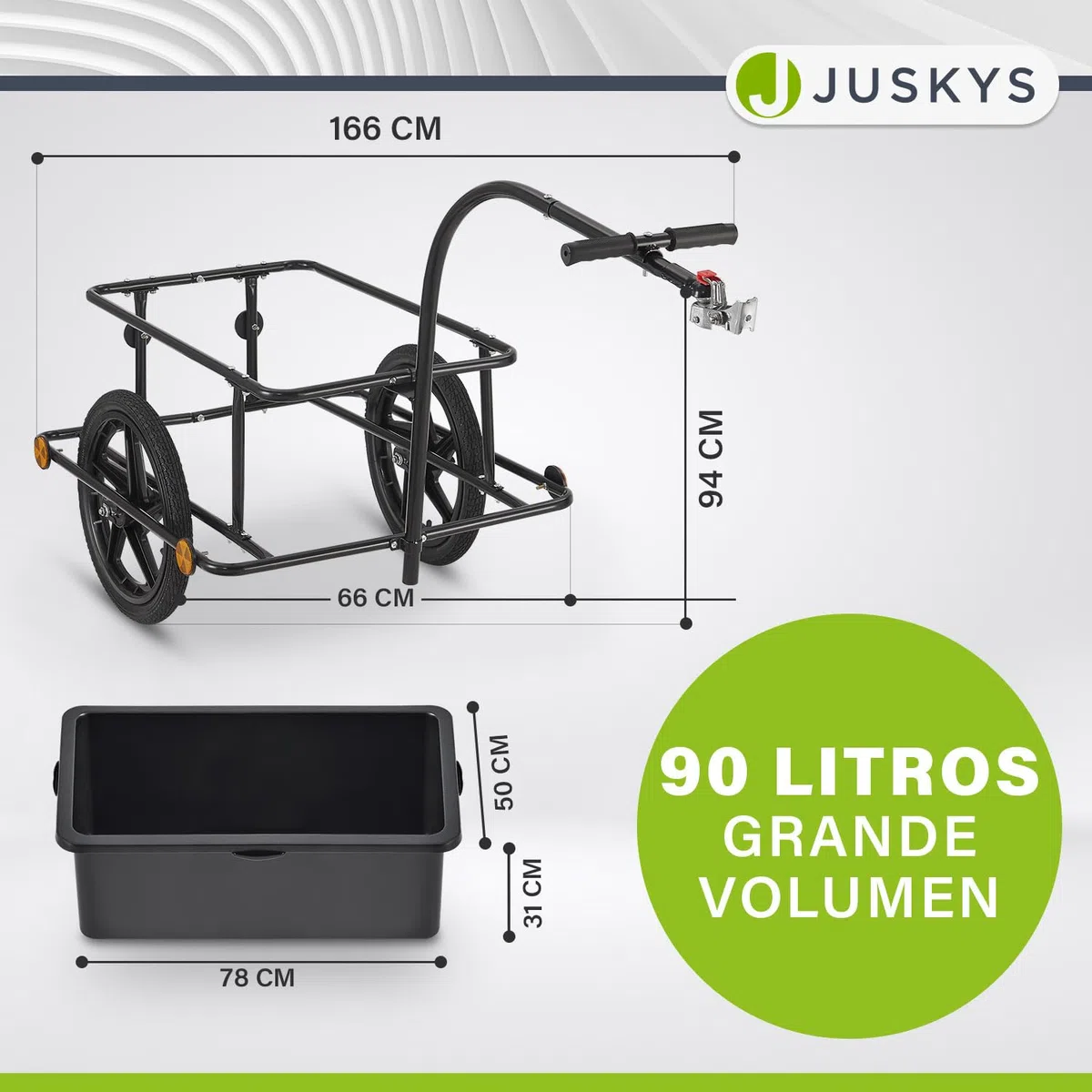 Juskys Remolque para Bicicleta 90 litros - Remolque de Carga con Enganche, Barra de tracción - Remolque para Bicicleta 40/80 kg de Carga útil - Remolque de Transporte con Lona Protectora