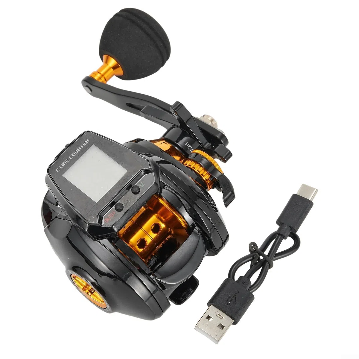 Carrete de pesca de aluminio, pantalla digital grande, recargable, alarma de mordida