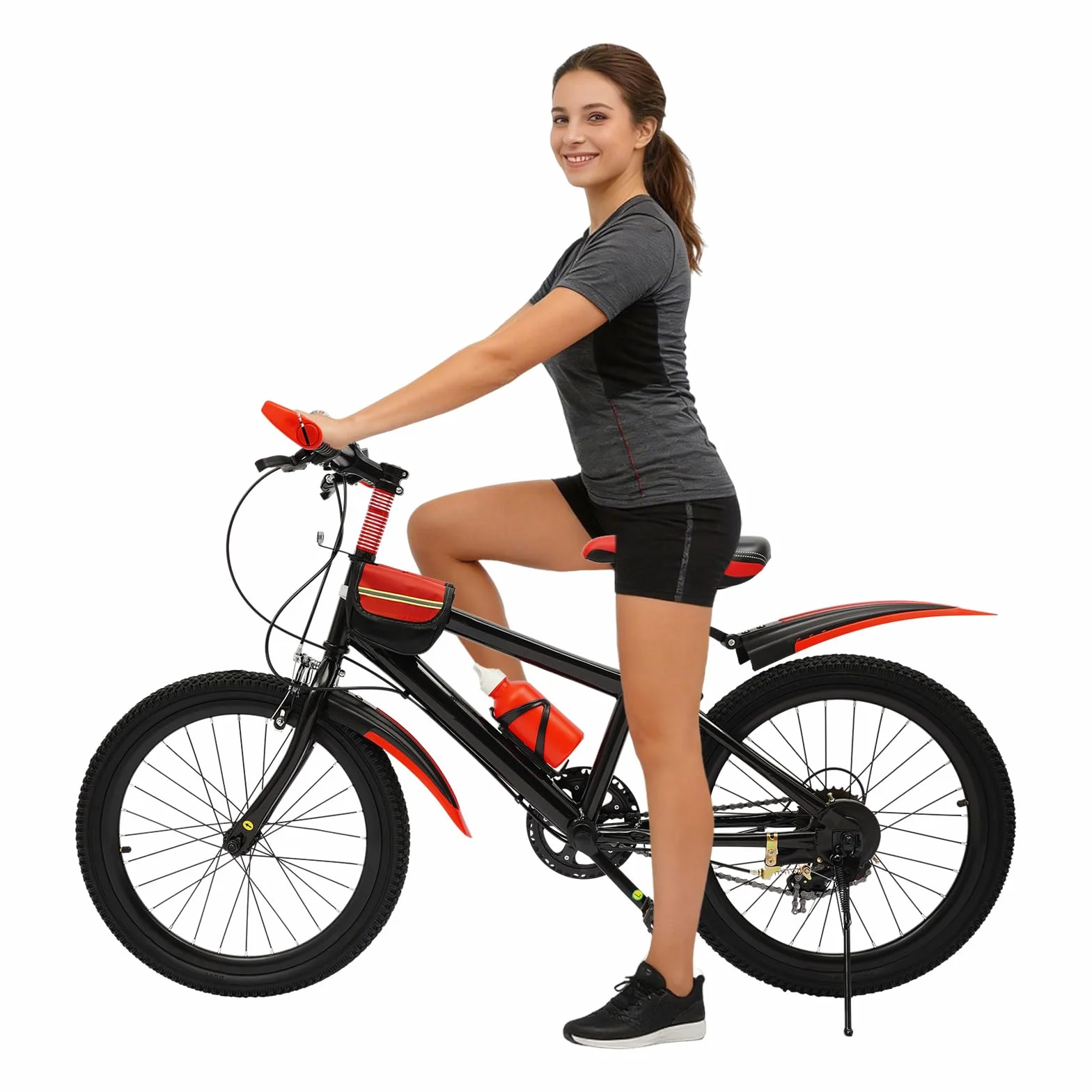 Bicicleta infantil de 20 pulgadas, en acero de carbono, capacidad de carga 75 kg, color rojo, 7 marchas, ajustable en altura, con botella, bolsa para bicicleta, para niños a partir de
