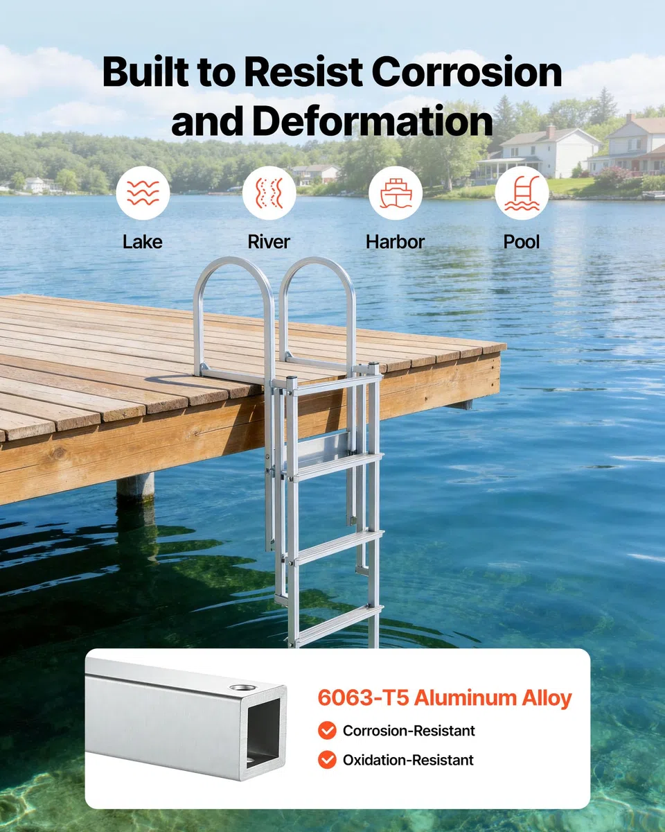 VEVOR Escalera de Muelle Capacidad de 227 kg con 5 Peldaños Antideslizantes, Pasamanos, Escalera Retráctil de Aluminio con Elevación Automática para Piscina Plataforma de Natación Pontón Lago Barco