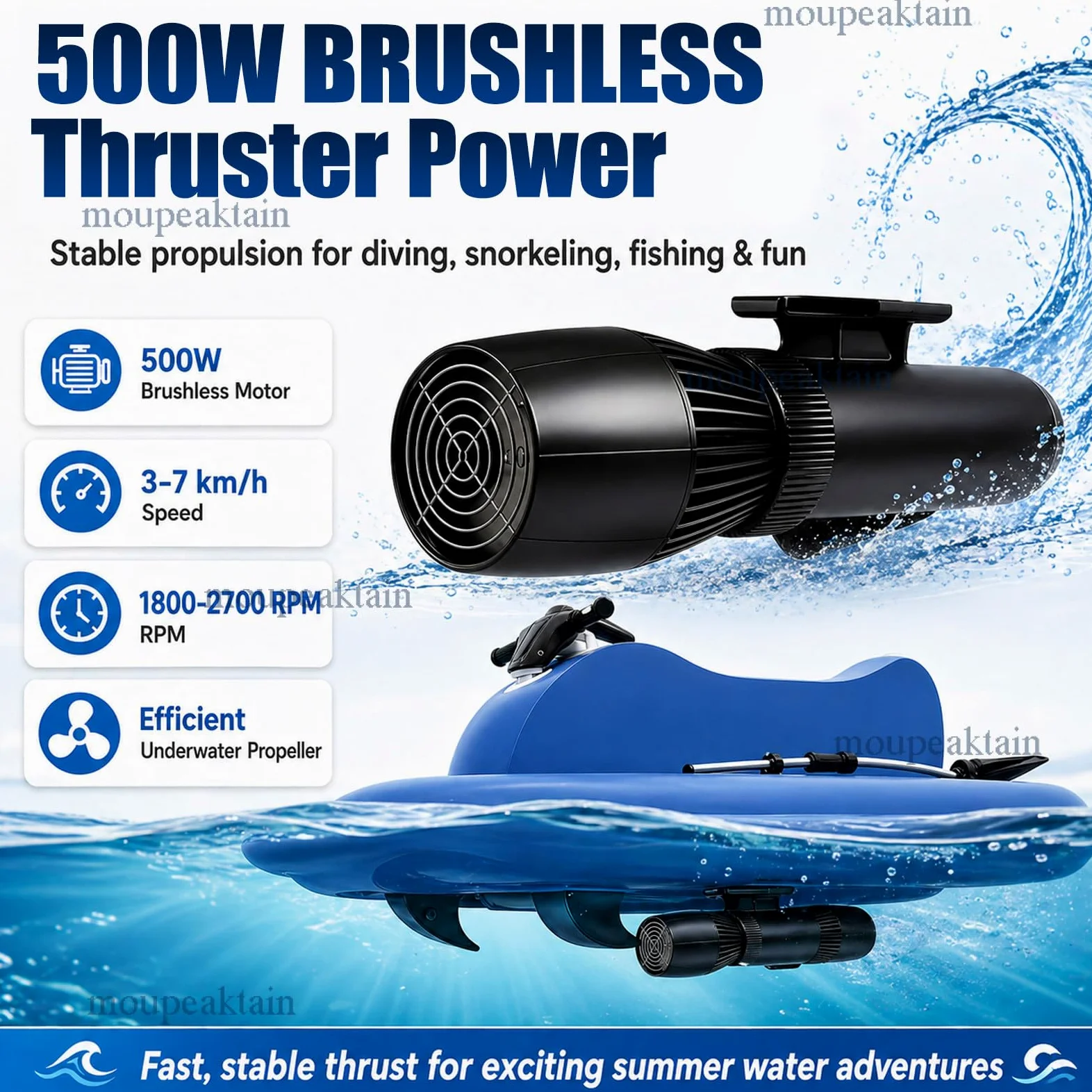 Barco Jet Eléctrico Hinchable para 2 Personas con Scooter Subacuático 500W/700W, Velocidad 3–9 km/h, Autonomía 130 min, Profundidad 40 m – para Buceo, Pesca y Aventuras en la Costa 16A