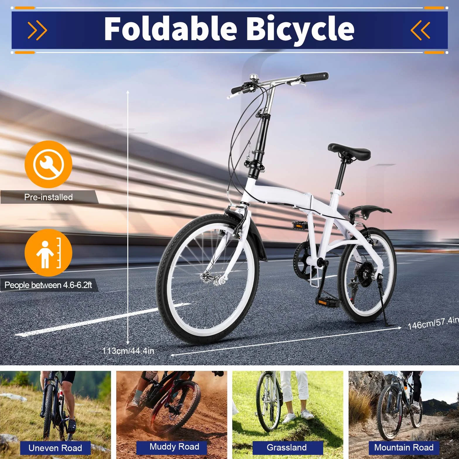 Bicicleta plegable, marco ligero de acero al carbono, bicicleta de ciudad plegable, con 6 velocidades/amortiguadores, ajustable, tamaño plegable pequeño, niños o adultos con una altura de 1,4 a 1,8