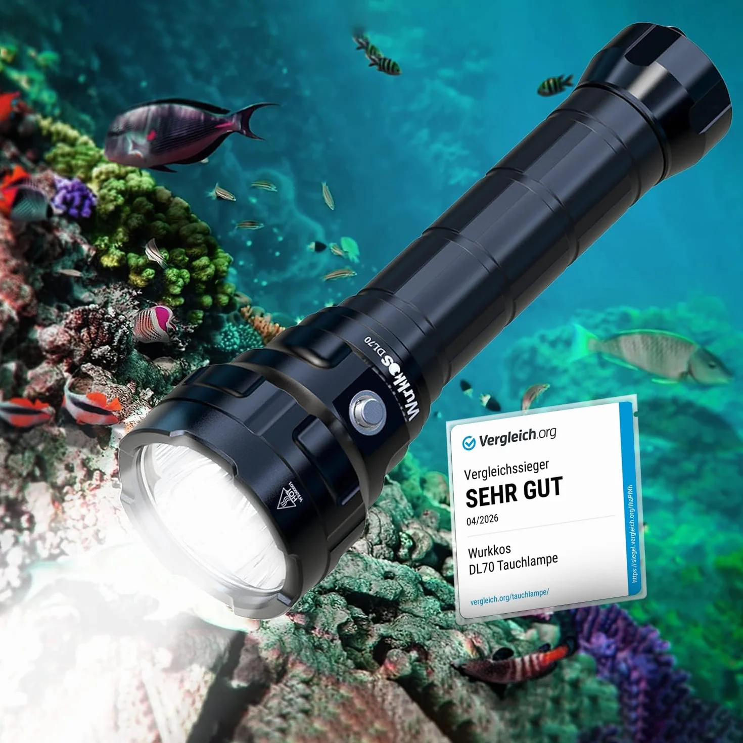 Wurkkos DL70 Antorcha subacuática de buceo, 13000 lúmenes, 4 * XHP50.2 LED, Super brillante, 2*5000 mAh Dispositivo recargable y cargador