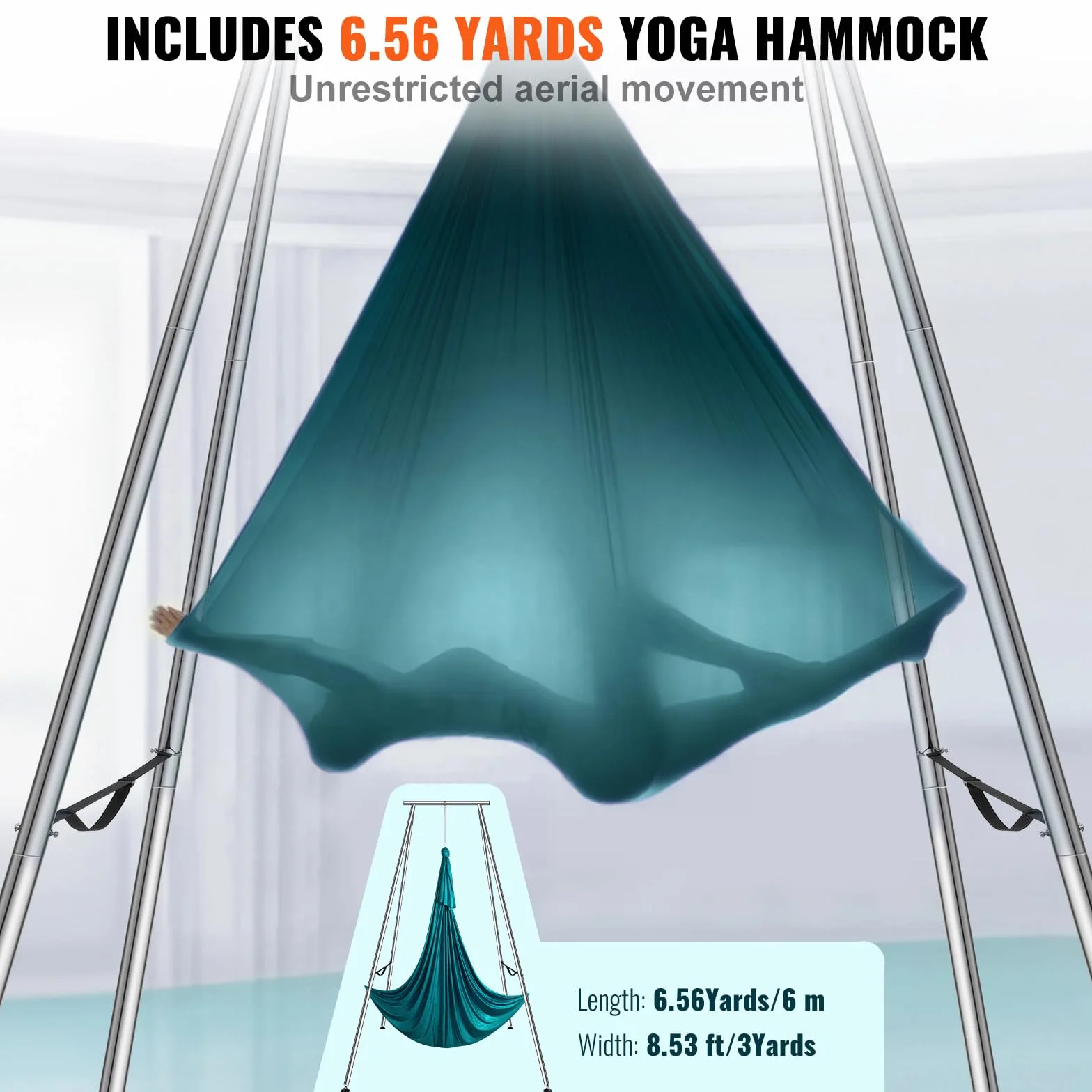 VEVOR Kit de Hamaca y Columpio de Yoga Aéreo, Soporte de Yoga Profesional de 295cm de Altura, Hamaca de 6m, Capacidad de Carga máxima 250 kg, para Fitness, Culturismo, Pilates, Gimnasio en casa, Verde