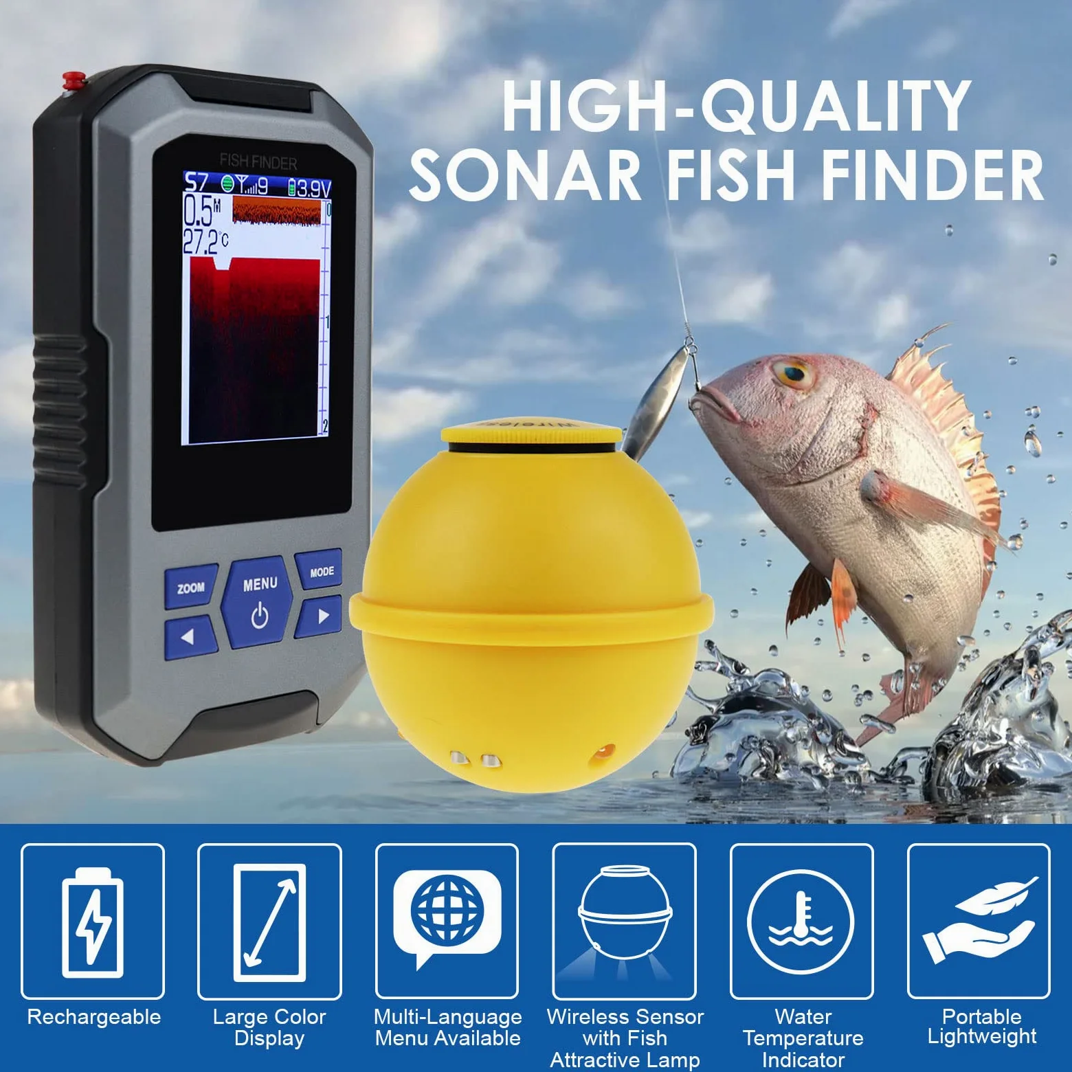 Localizador de Peces Inalámbrico Sensor de Sonda 125kHz Frecuencia 45 Metros / 147 Pies Profundidad Alarma Función y Largo LCD Monitor