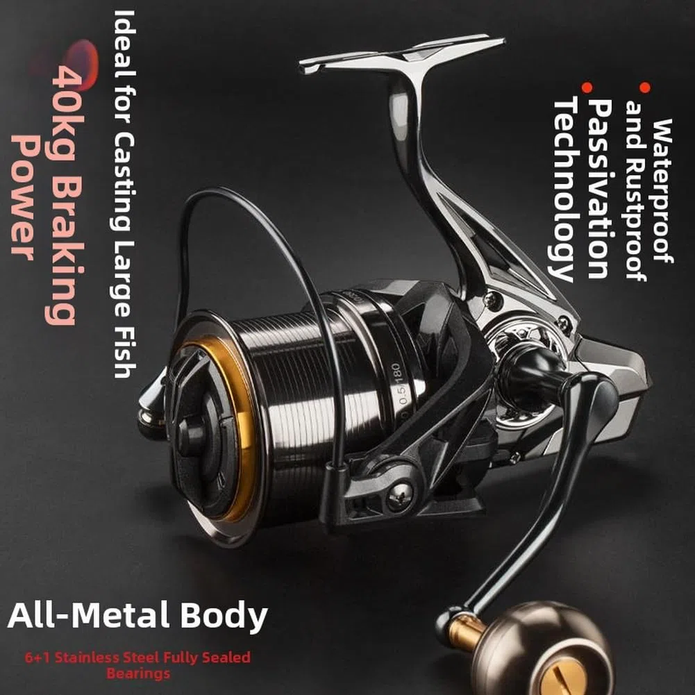 Carrete de pesca de metal serie 8000 a 14000 con rodamientos sellados de acero inoxidable 6+1 para una fundición suave y larga y resistencia al agua salada