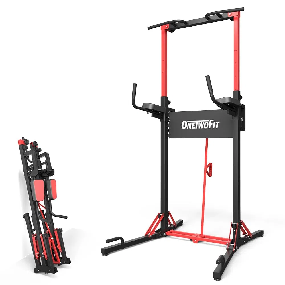ONETWOFIT Power Tower Plegable Estación de Fondos, Barra de Dominadas para Gimnasio en casa, Altura Regulable Estación de Entrenamiento,Capacidad de carga: 180 kg (Black-1)