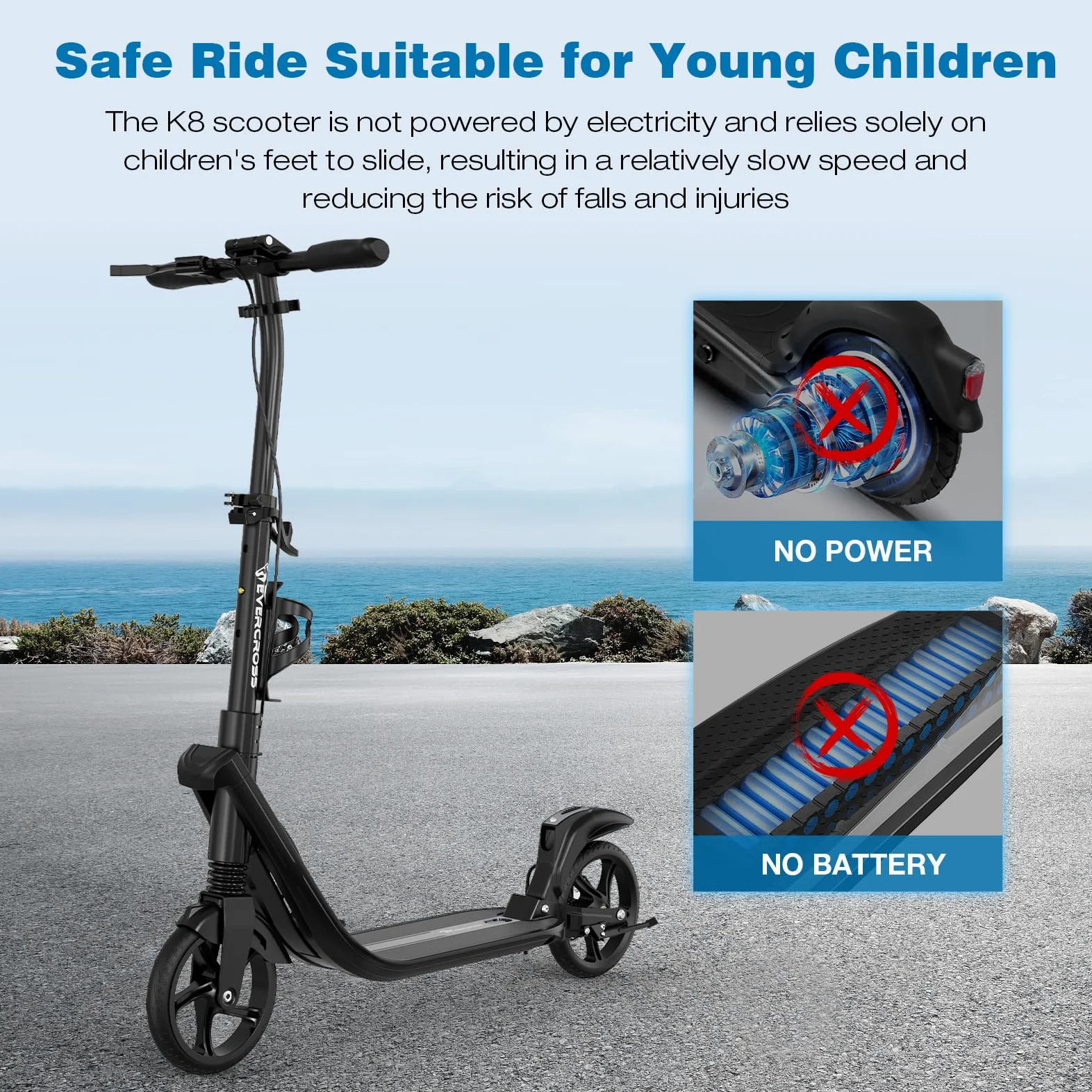 EVERCROSS K8 Stunt Scooter, Grandes Ruedas 200 mm, City Patinete Ajustable en Altura y Plegable, Deportivos Scooter de Aluminio Estable para Niños, hasta 100 kg, Doble Freno, Doble Amortiguación