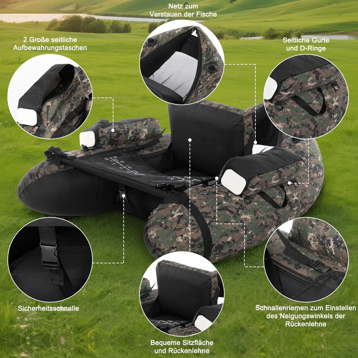LEADZM Camuflaje - Barco inflable con bomba, barco de pesca con soporte para caña de pescar, correas ajustables, bolsa de almacenamiento, capacidad de carga 150 kg