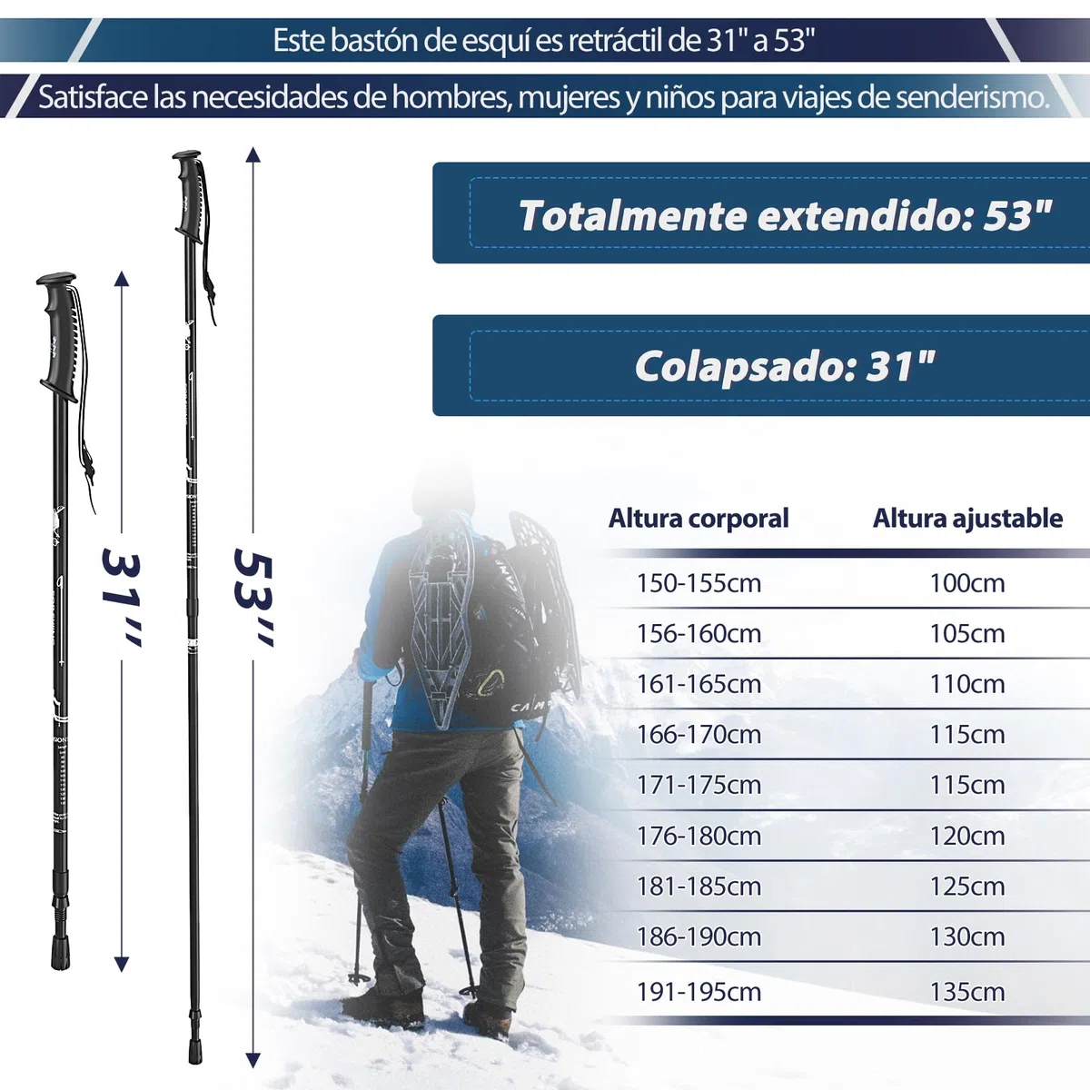 1PZ ES1-TX9 Bastones de esquí Ligeros Telescópicos Ajustables 78cm~135cm Aleación de Aluminio Unisex 2pcs