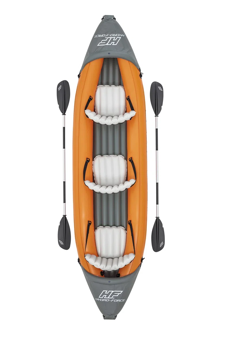 Bestway Kayak Hydro-Force Rapid X3 | Juego de Barco Inflable con Bomba de Mano, paletas, Asientos, Aletas y Bolsa de Almacenamiento | Tres plazas