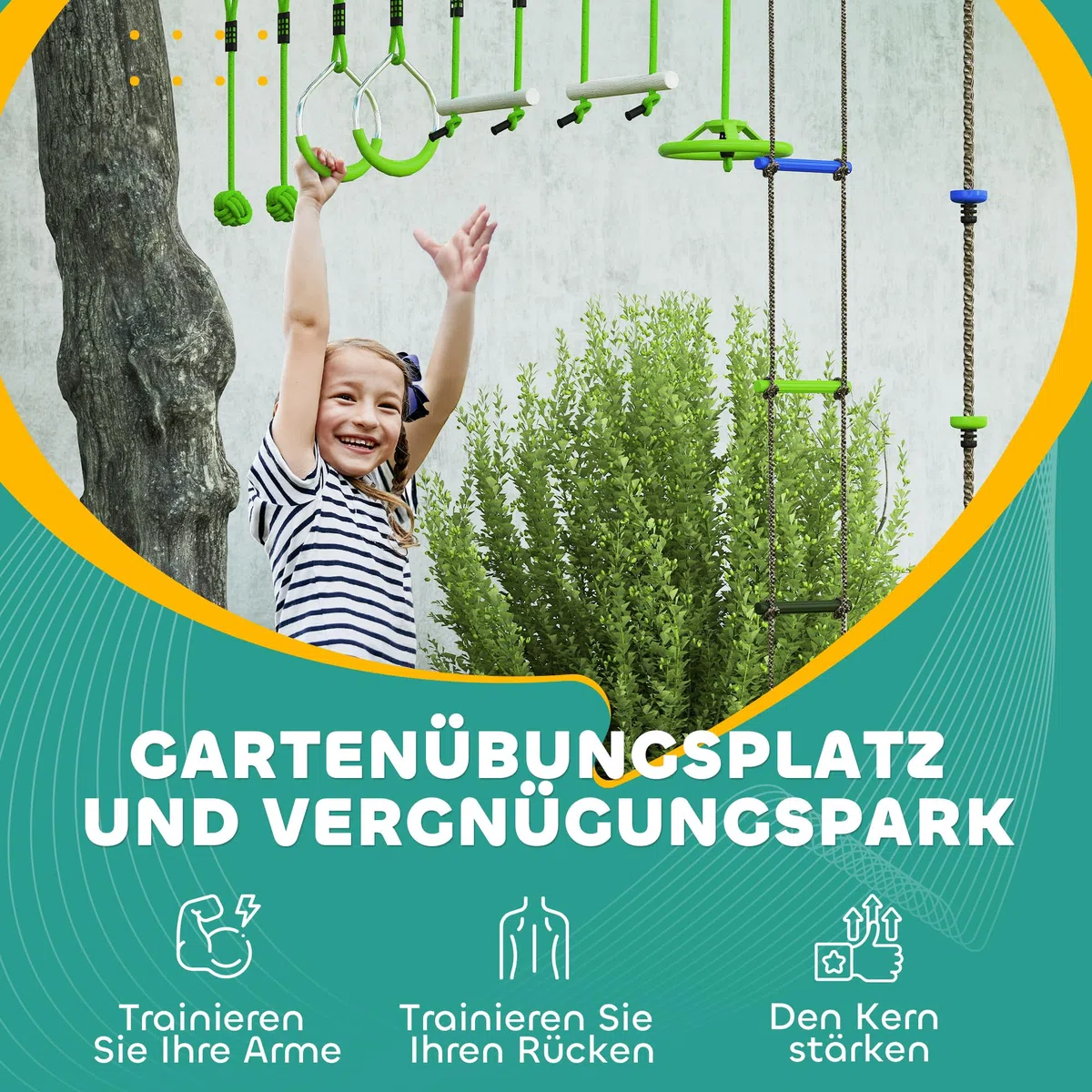 AIYAPLAY Ninja Slackline 10 m para niños Ninja Warrior Carrera de obstáculos Conjunto con Anillos de Gimnasia Slackline, Rueda Spinner, Columpio, Postes de Escalada, Bandeja Colgante, Escalera de