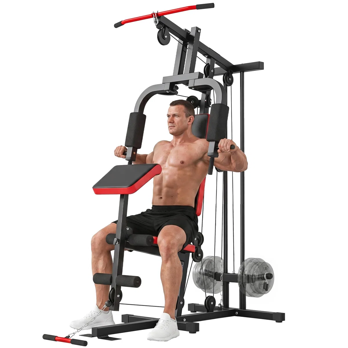 SPORTNOW Multiestación Musculación, Máquina de Musculación con Polea Alta y Baja, Prensa de Pecho, Curl de Piernas y Bíceps, Mariposa, Compatible con Discos 25 y 50 mm Carga 120 kg para Gimnasio Casa