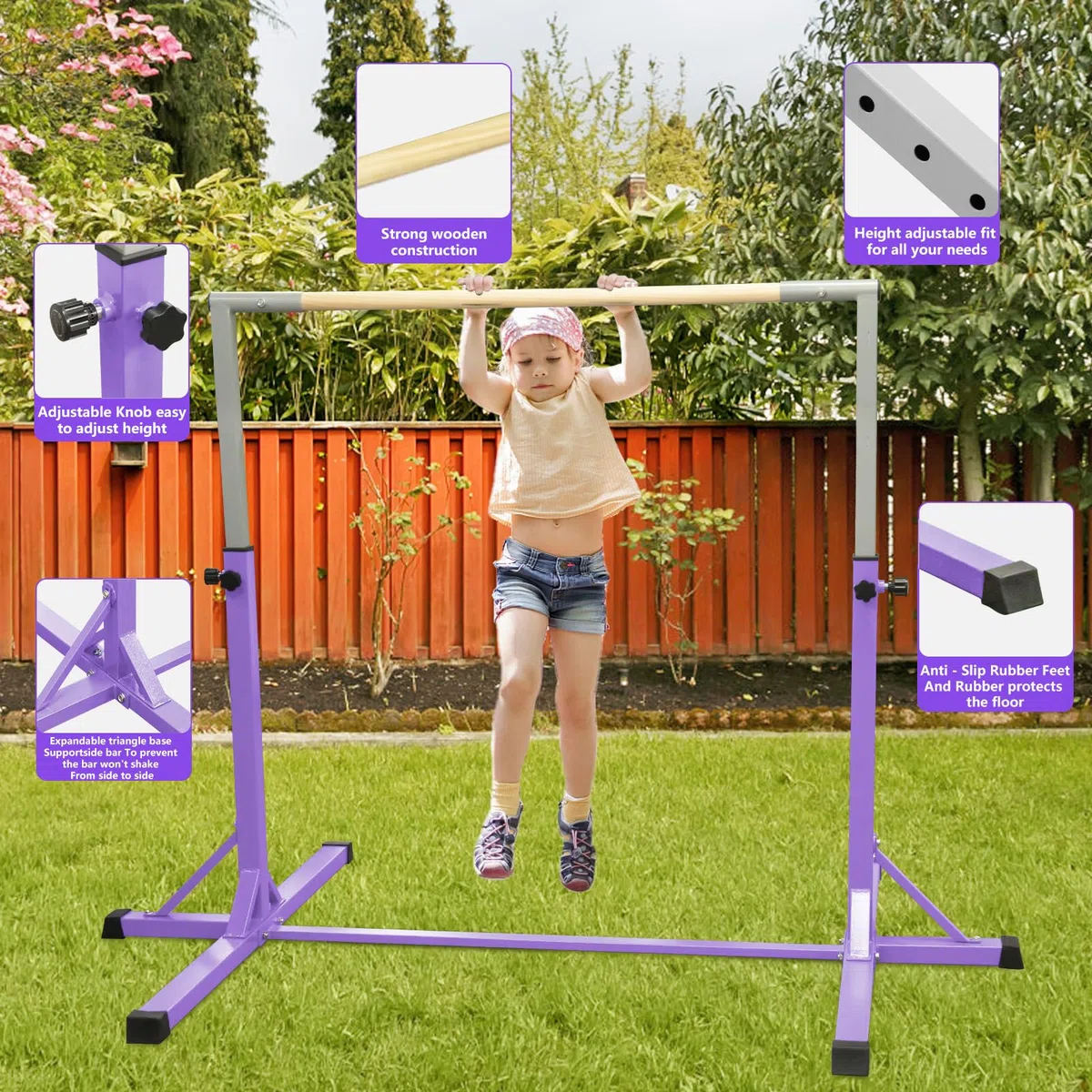 FBSPORT Barra de Gimnasia para Niños Barra Horizontal de Gimnasia con 13 Altura Ajustable de Barra de Entrenamiento con Anillos de Gimnasia Barra de Entrenamiento de Gimnasia expandible Junior Morado