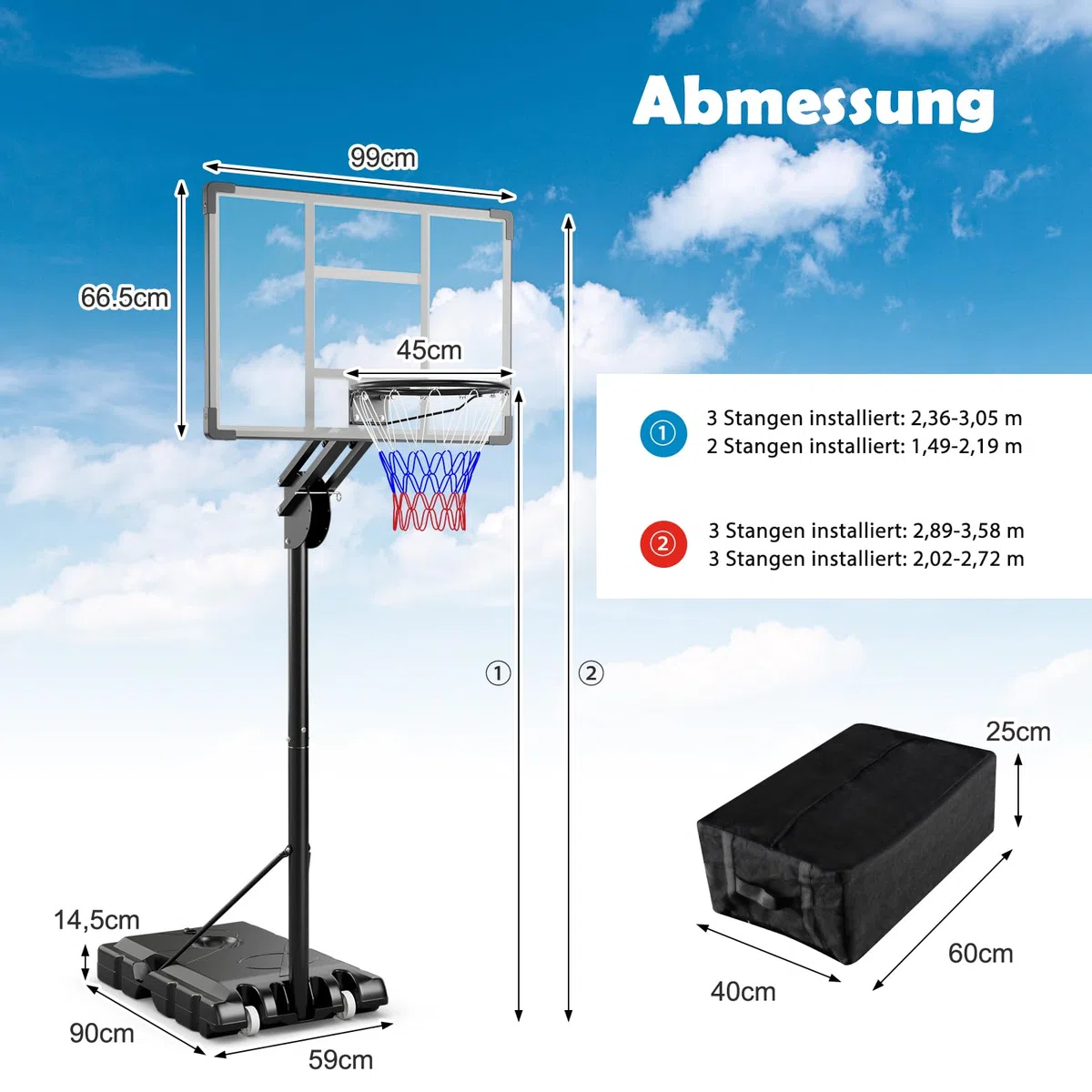 GYMAX Aro de Baloncesto Portátil Interior y Exterior, Sistema de Aro de Baloncesto Ajustable en Altura con Tablero Resistente a Roturas, Base Rellenable, Ruedas y Bolsa de Peso para Niños y Adultos