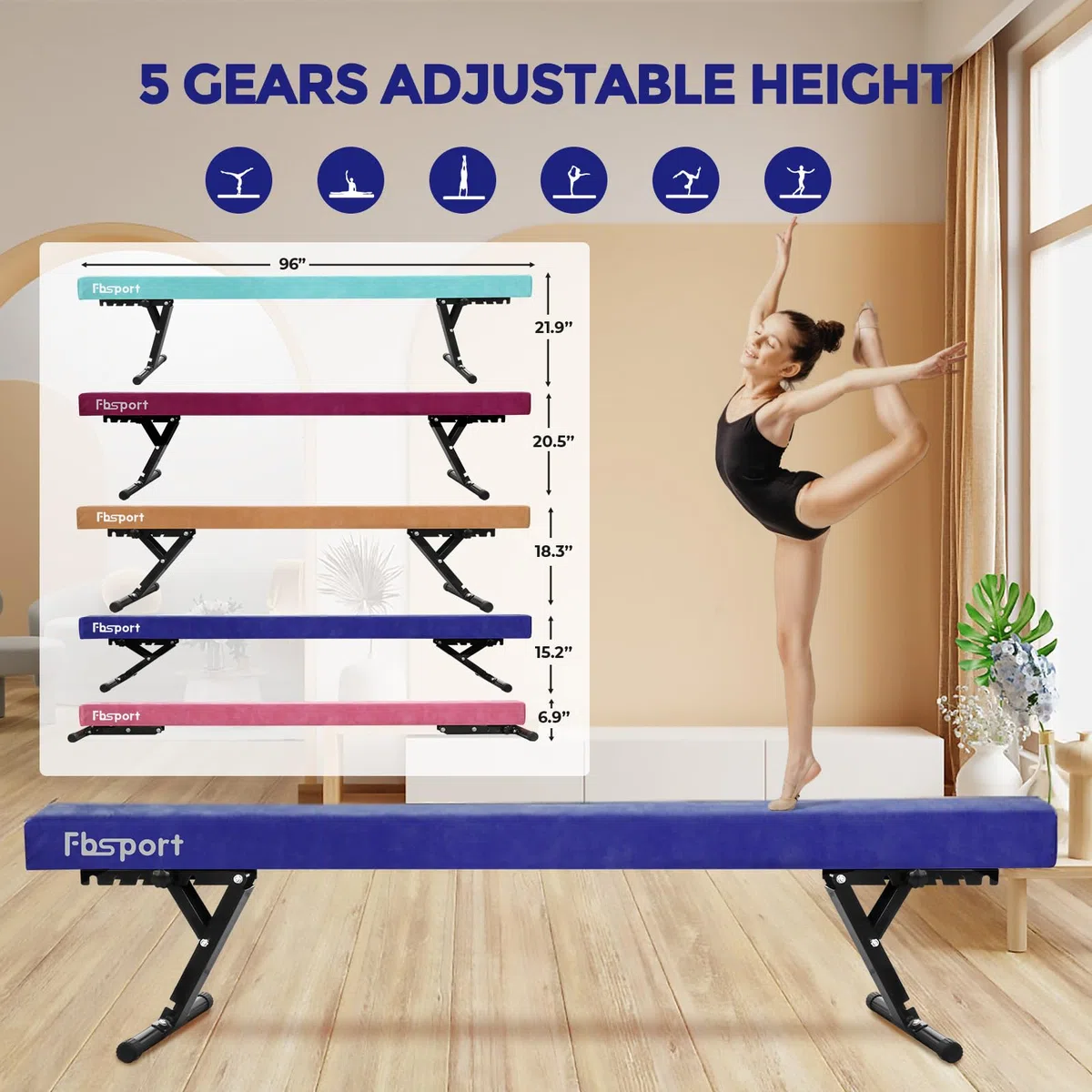 FBSPORT Barra Equilibrio Gimnasia artistica Ajustable 244cm,5 Alturas Ajustables viga de Piso Alto y bajo Alta Estabilidad Equipos de Entrenamiento de práctica de Gimnasio para niños/Adultos