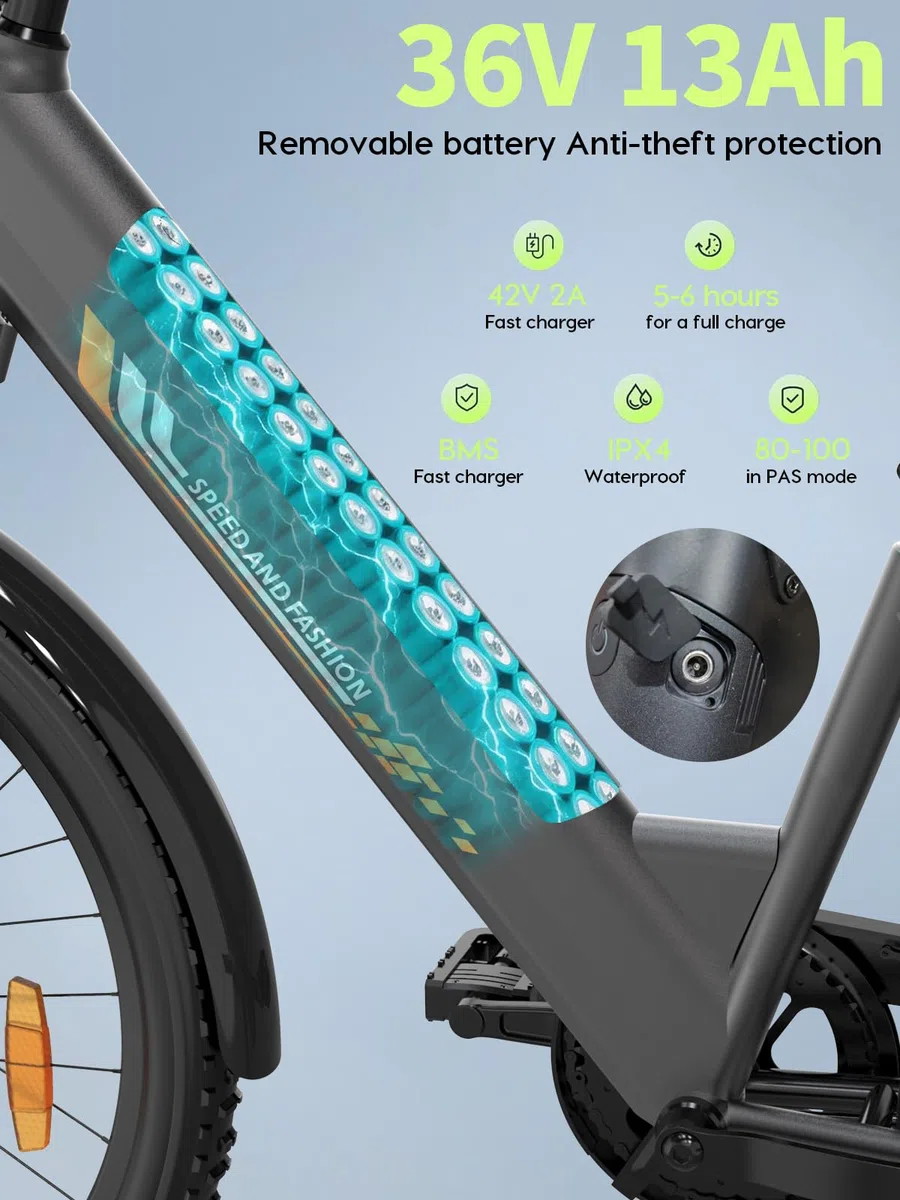 26" Bicicleta Eléctrica para Adultos, Motor de 250 W, batería extraíble de 36 V y 13 Ah, autonomía de hasta 100 km, 7 velocidades, Asistencia al pedaleo hasta 25 km/h (Gris)