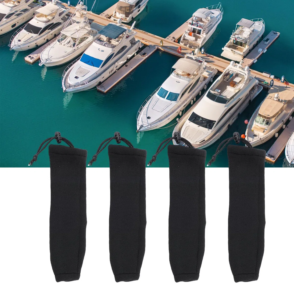 Fundas para Parachoques de Barcos, 4 Unidades, Protección Elástica de Punto Negra Duradera para Parachoques Tubo Cuerda Central y Doble Ojo, 20 X 63 Cm, Ideal Barcos