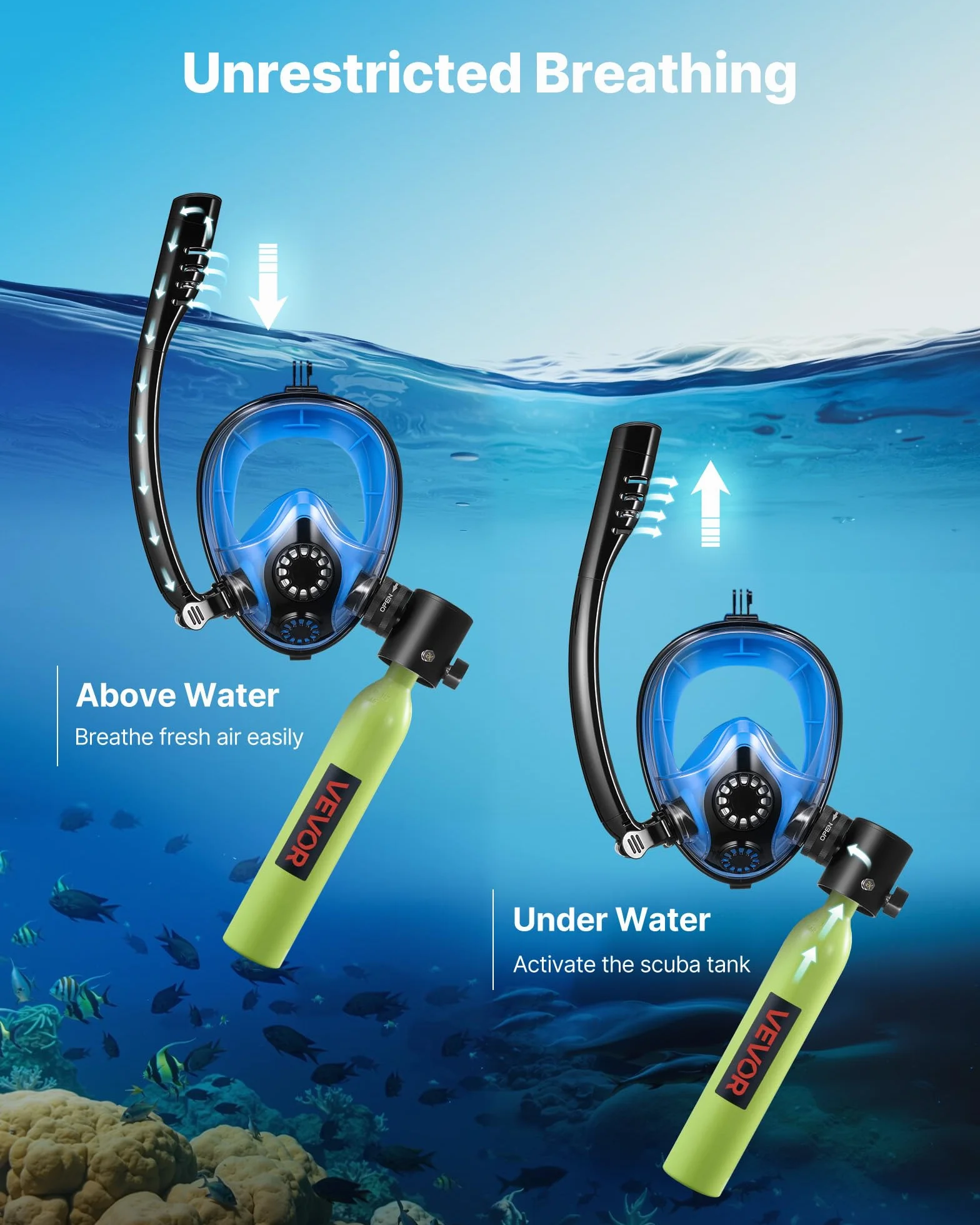 VEVOR Mini Botella de Buceo de 0,5 L, Juego de Tanque de Buceo Portátil con Máscara de Snorkel y Bomba Manual, Tiempo de Inmersión de 5 a 10 Minutos, Bombona de Oxígeno Recargable, para Bucear Rescate