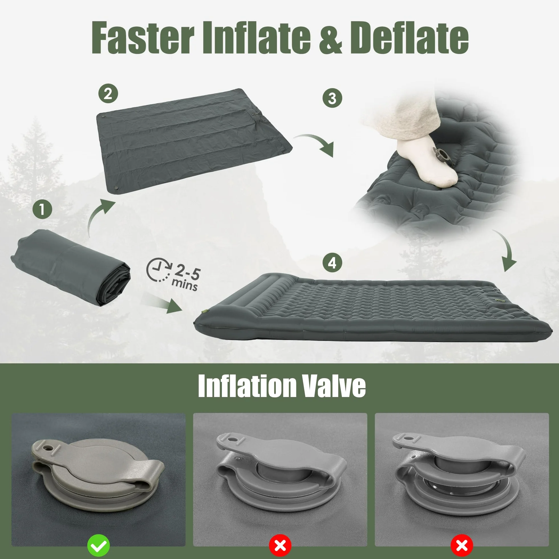 ROPODA Alfombrilla de camping, colchón ultraligero doble con, bomba de pie integrada, cama de camping impermeable doble con bolsa de transporte para senderismo (Gris)