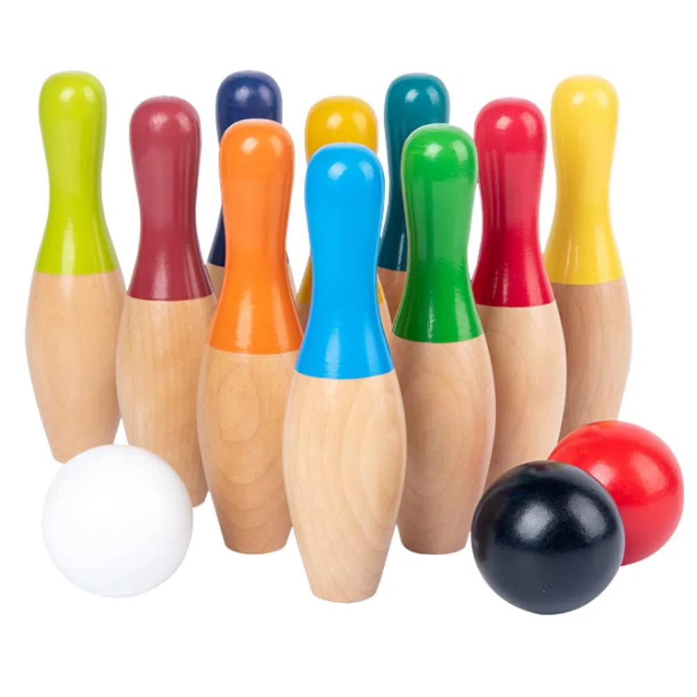 Juego de Bolos de Madera para Niños y Adultos, para Interiores y Exteriores, con 10 Bolos 3 Bolas, Juego de Patio de de Madera Portátil para el Desarrollo de Habilidades Motoras Entrenamiento