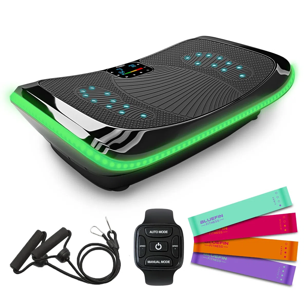 Plataforma Vibradora Bluefin 4D para Perder Peso, Recuperación Muscular y Drenaje Linfático, 3 Potentes Motores con Bandas y Cuerdas de Resistencia para Realizar un Ejercicio Completo