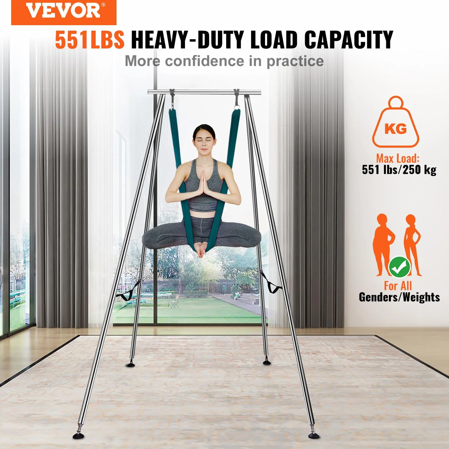 VEVOR Kit de Hamaca y Columpio de Yoga Aéreo, Soporte de Yoga Profesional de 295cm de Altura, Hamaca de 6m, Capacidad de Carga máxima 250 kg, para Fitness, Culturismo, Pilates, Gimnasio en casa, Verde