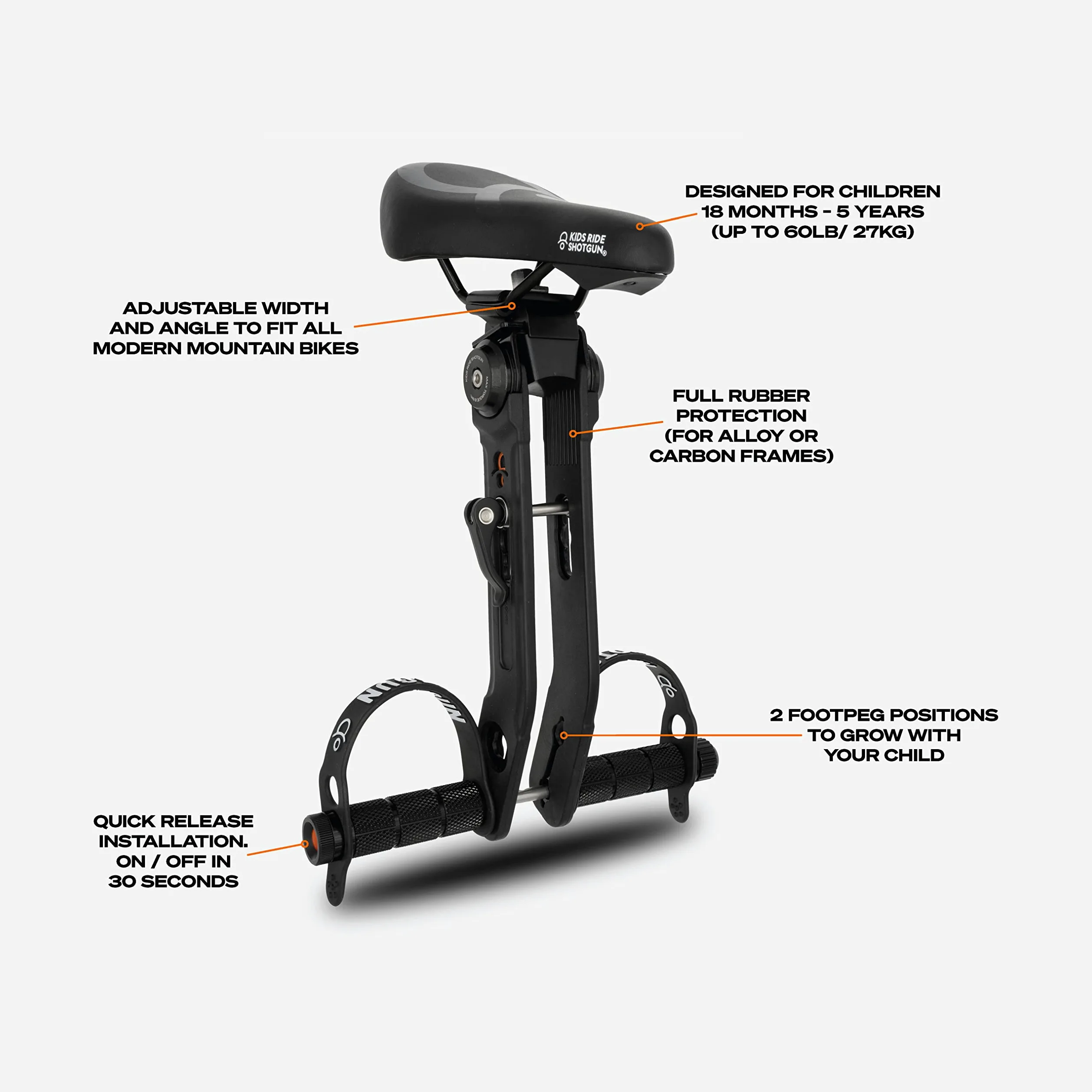 Kids Ride Shotgun – Sillín Delantero Combinado + Manillar para Niños De 2 a 5 años, Ajustable, Compatible con La Mayoría De Las Bicicletas MTB Modernas
