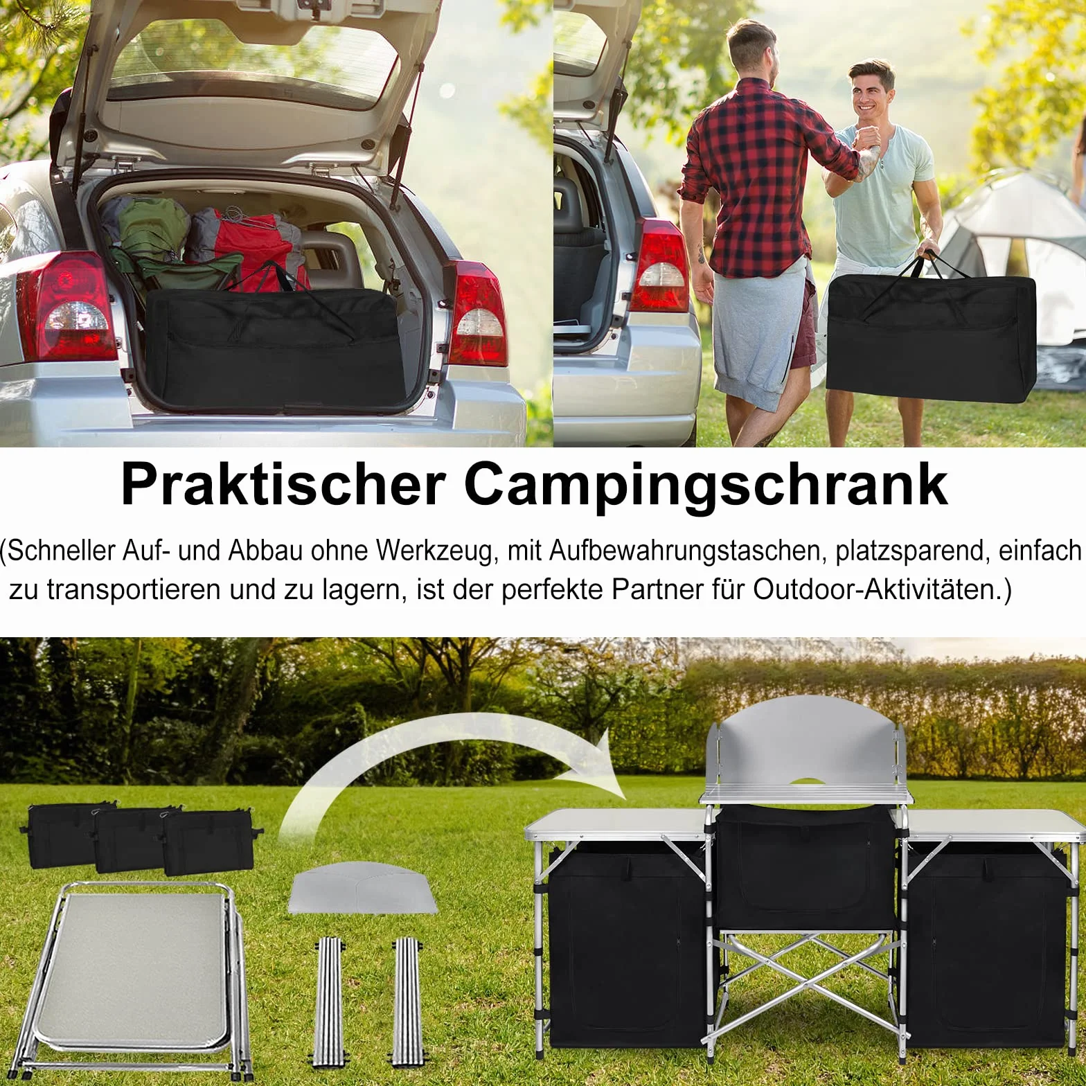 Cocina de Camping Armario de Camping Plegable con Estructura de Aluminio Compartimentos de Almacenamiento Cocina al Aire Libre, Incluye Bolsa de Transporte