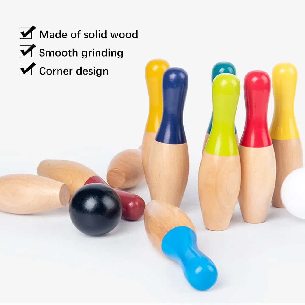 Juego de Bolos de Madera para Niños y Adultos, para Interiores y Exteriores, con 10 Bolos 3 Bolas, Juego de Patio de de Madera Portátil para el Desarrollo de Habilidades Motoras Entrenamiento