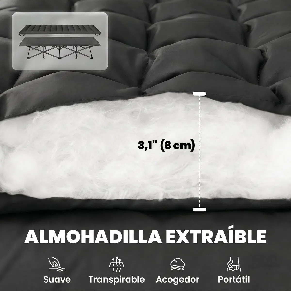 Outsunny Cama Plegable Camping con Colchón Extraíble Cama de Acampada Portátil Extra Ancha 80 cm Tela Oxford 600D con Reposacabezas Bolsa Transporte Bolsillo Carga 200 kg para Playa Senderismo Negro