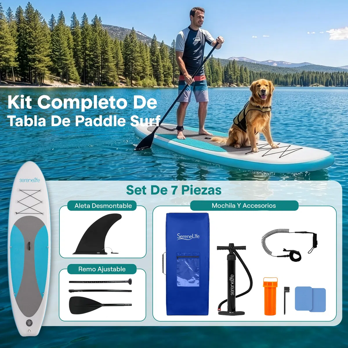 SereneLife Tabla Paddle Surf Hinchable, Diseño Ancho y Estable, con Almohadilla EVA Antideslizante, Incluye Accesorios Premium para Sup, Ideal para Jovenes y Adultos