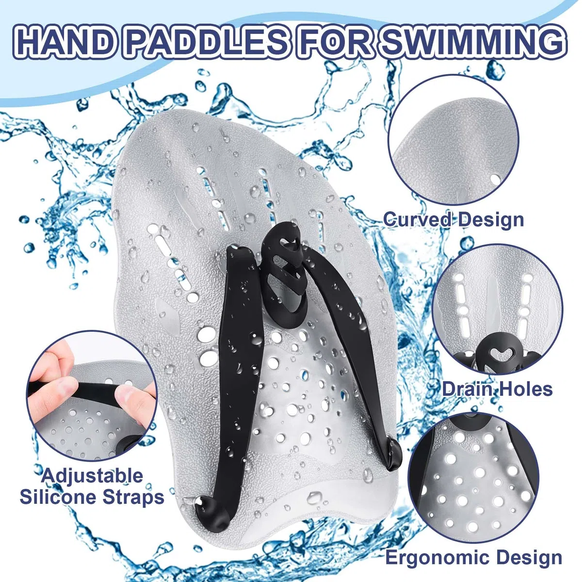 WuGU Palas Natacion, Pala de Mano para Piscina con Correas Ajustables, Paletas de Natación para Adultos Unisex, Pala de Entrenamiento de Natación Profesional para Adultos Niño Unisex(Plata)