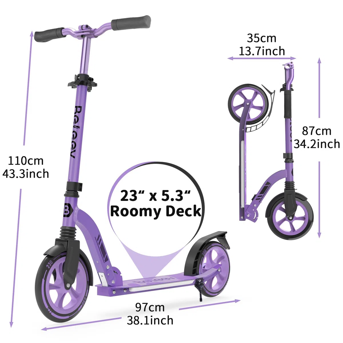 BELEEV Patinete Niño 2 Ruedas con LED Luces Deck,5 Altura Ajustable, Plegable Patinete Big Wheel 230mm Aluminio Scooter Adult con Correa de Transporte, Marco Resistente para 6+ Niño Niña y Adulto