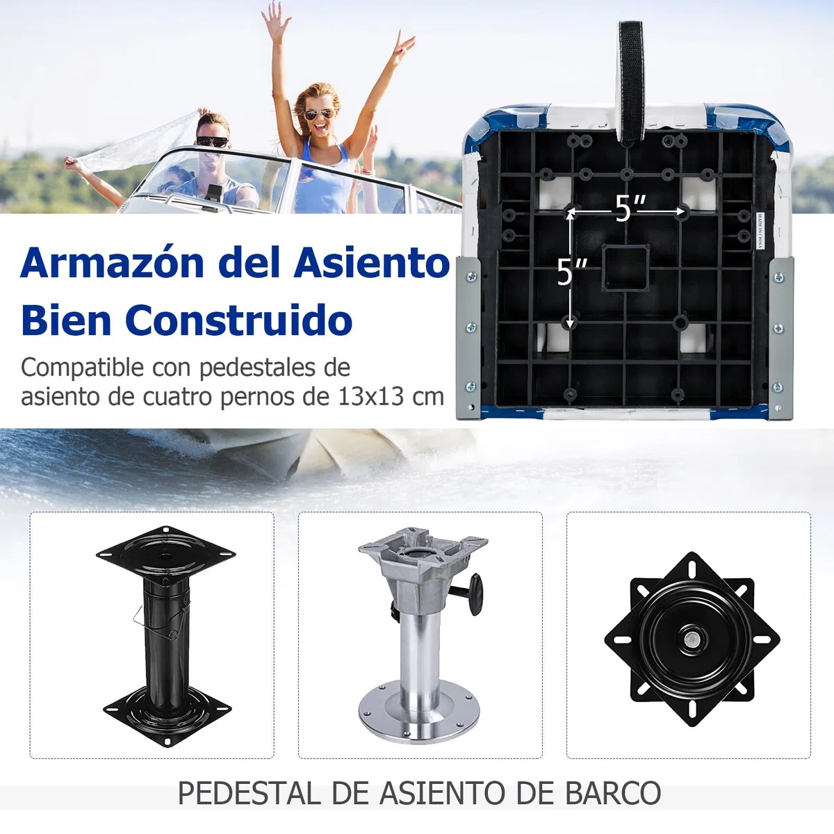 GOPLUS Juego de 2 Asientos de Barco, Silla Plegable para Barco Impermeable, Asiento Yate Ergonómico con Correas y Tornillos de Fijación, 42 x 50 x 52 cm, para Pescar, Pilotaje, Barco de Pesca (Azul)