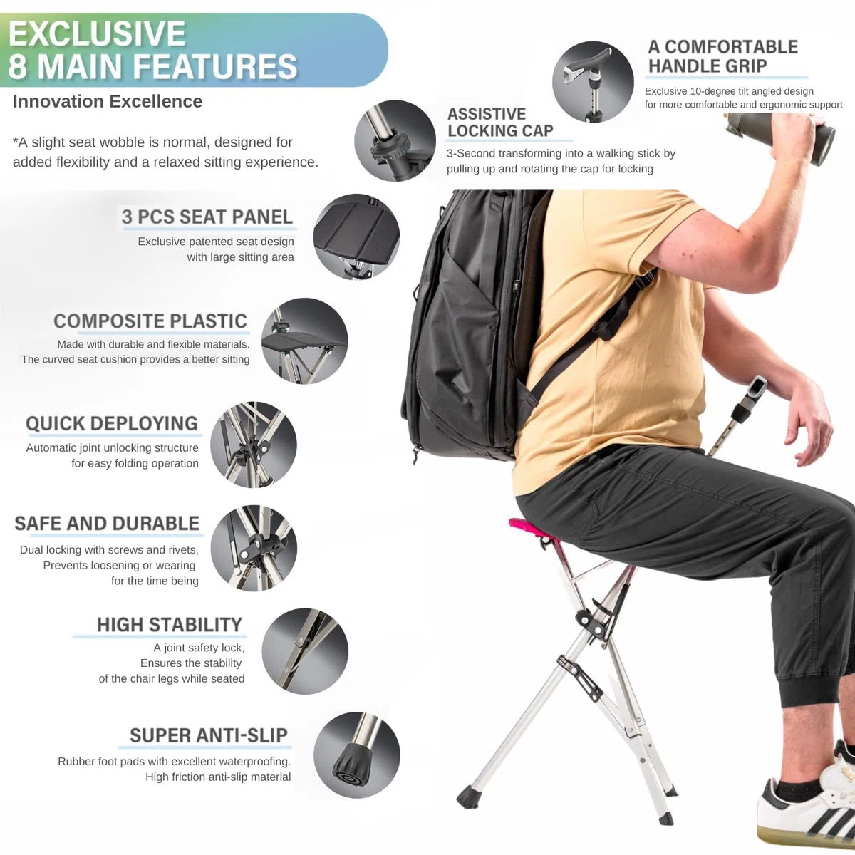 Ta-Da Chair Pro - Bastón con Asiento, Taburete Plegable de Aluminio (Máx. 120kg), Diseño Compacto para Viajes y Turismo - Negro, Ajustable