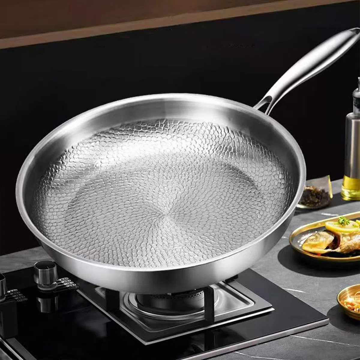 Sartén De Titanio Con Tapa Para Inducción - 26 Cm Martillada Sartén Antiadherente De Titanio, Titanium Hammered Pan, Para Cocina De Restaurante Familiar,