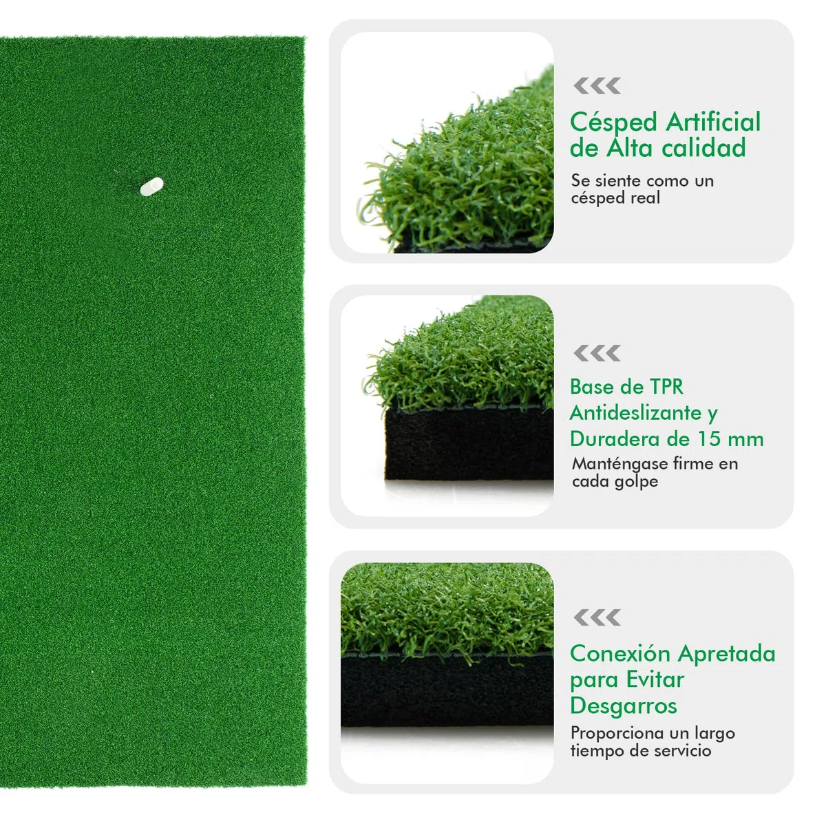 COSTWAY Tapete de Golf 1,5 x 1 m, Alfombrilla con Césped Sintético 12mm y 2 Posiciones para tee, 3 Camisetas de Goma, Alfombra de Práctica de Golf Uso Interno y Externo