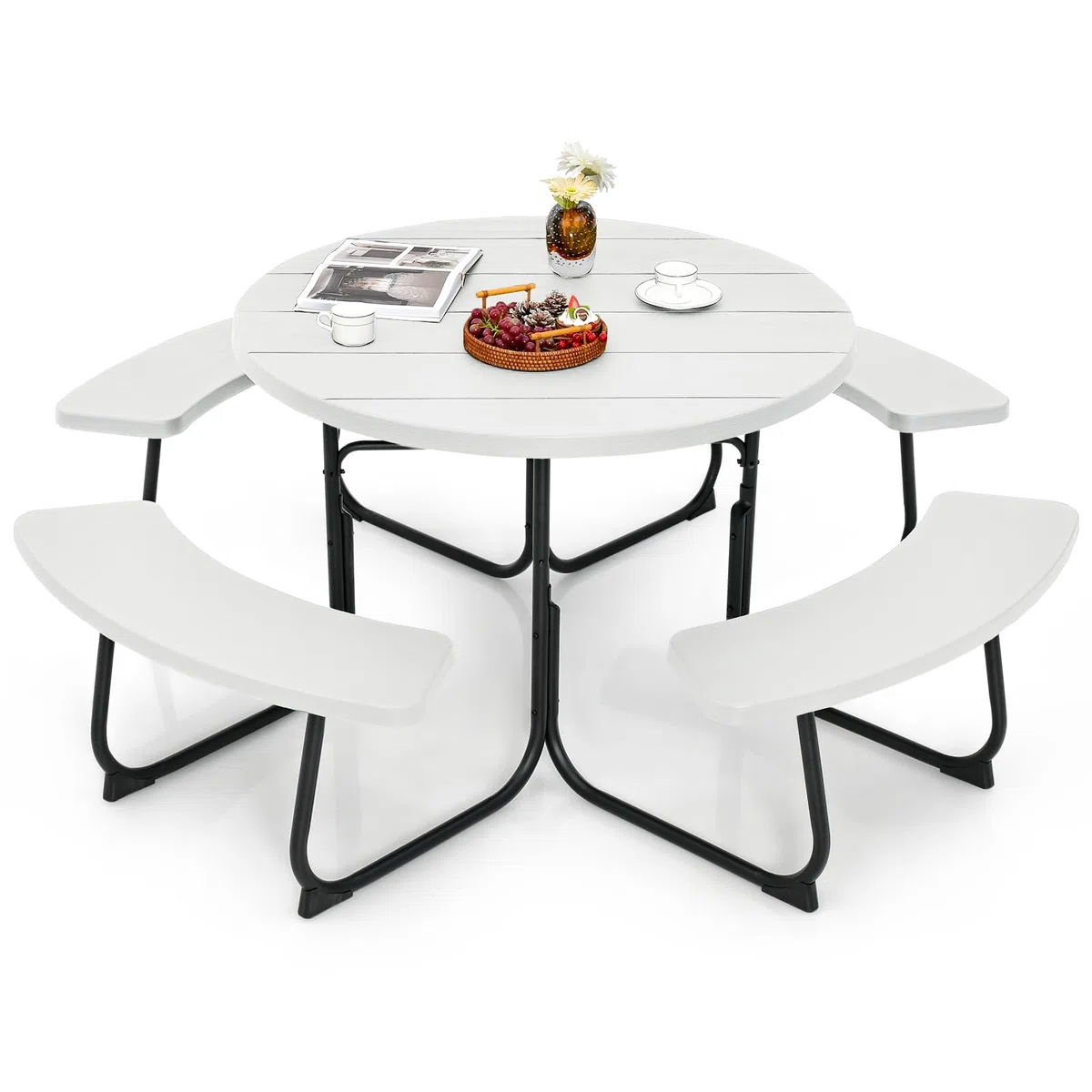 COSTWAY Conjunto de Mesa de Camping con Banco, 8 Personas, Mesa Camping Redonda con 4 Bancos,HDPE, Orificio para Sombrilla, Mesa y Sillas Jardin Patio Terraza (Blanco)