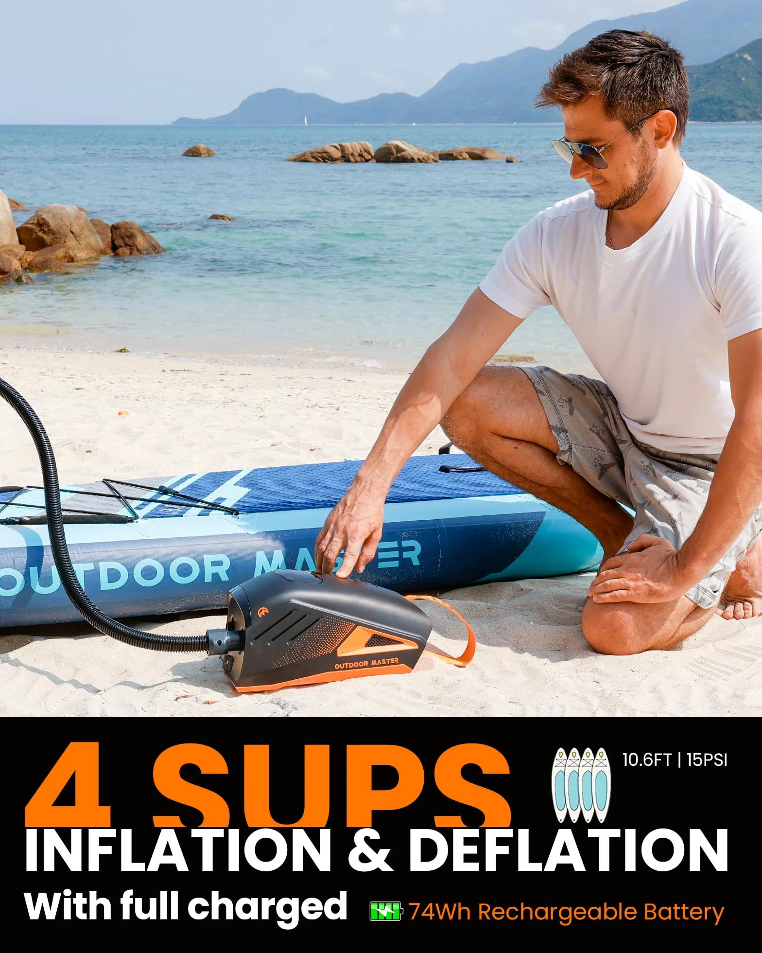 OutdoorMaster Shark 3 Bomba de Aire Electrica - Inflation Rapide en 3'50", 20PSI Sup Bomba Recargable pour Sup de 74Wh - Arrêt Automatique et Déflation, Entrée 12V/15,8V DC et Type-C, 8 Boquillas