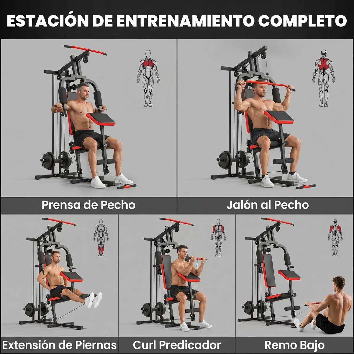 SPORTNOW Multiestación Musculación, Máquina de Musculación con Polea Alta y Baja, Prensa de Pecho, Curl de Piernas y Bíceps, Mariposa, Compatible con Discos 25 y 50 mm Carga 120 kg para Gimnasio Casa