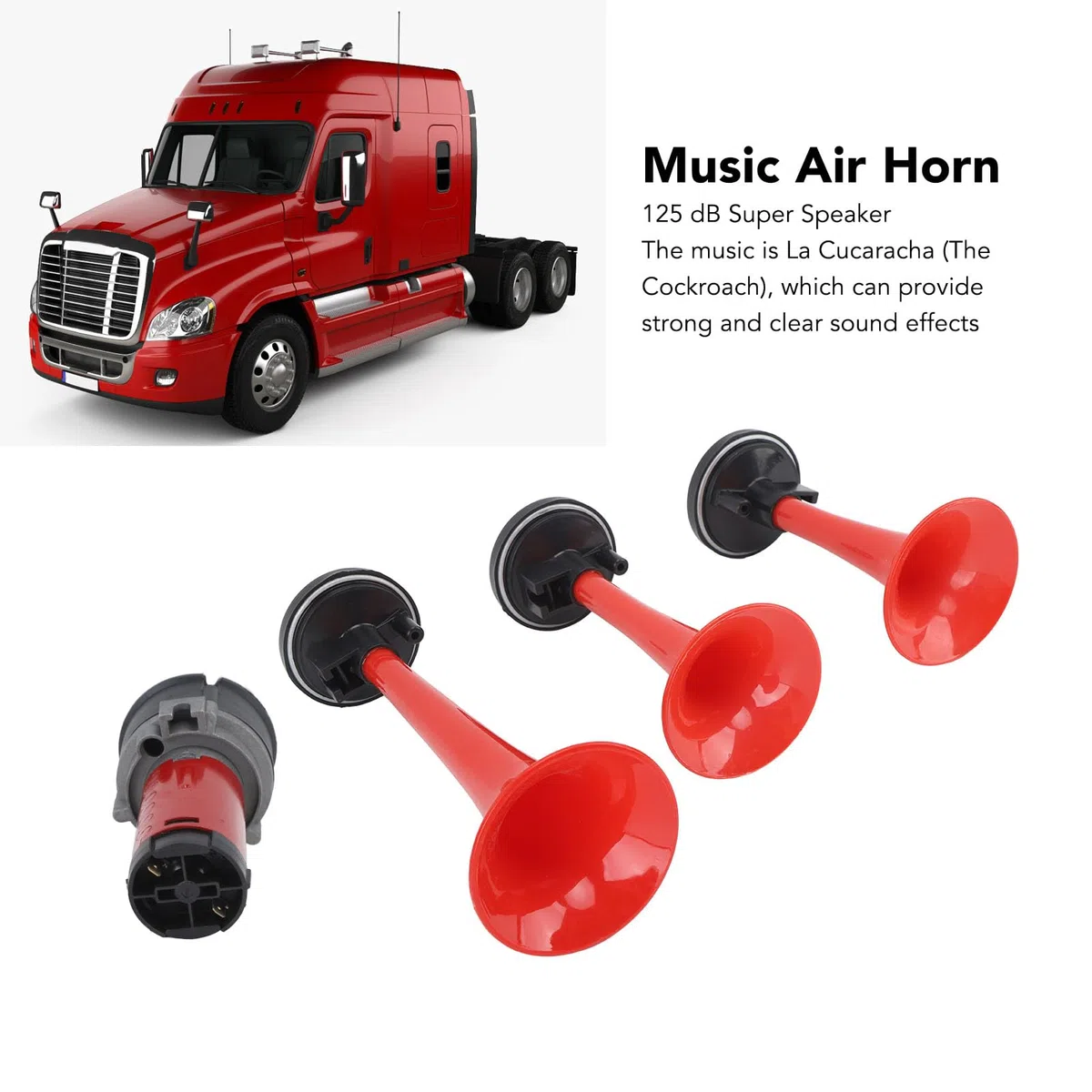 Bocina de Aire Musical 3 Trompeta 125dB Sonido Fuerte La Cucaracha 12V Resistente con Compresor de Aire y Manguera para Camión Tren Barco Coche