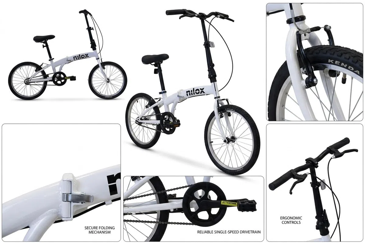 Nilox, Bike X0, Bicicleta Plegable Adulto, Fácil de Transportar, Diseño Moderno con Cuadro de Acero Opaco y Ruedas de Aluminio de 20'', Bicicleta Adulto Ligera de 12 kg, Blanca